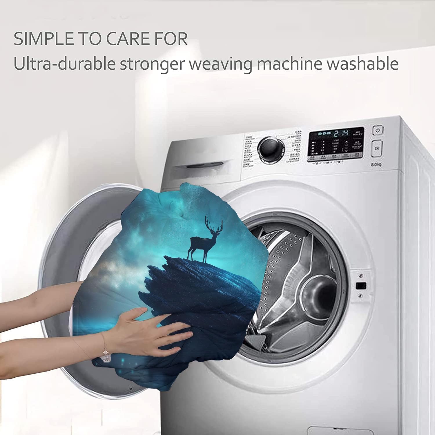 3D Deer Rock Formation Comforter Set Queen Size Bedding Set Aurora Landscape All Season Down Comforter Printed Quilted with 2 Pillow Shams for Kids, Teens, Adults 90 x 90in Blue-Green