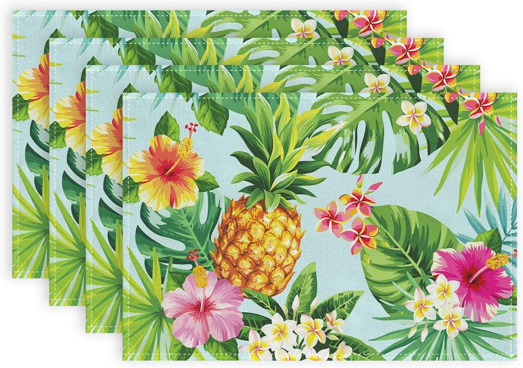 ARKENYSummer Placemats 12x18 Inches Set of 4, Pineapple Aloha Palm Leaf Flower Seasonal Farmhouse Burlap Indoor Kitchen Anniversary Dining Table Mats Decor for Home Party AP610-4
