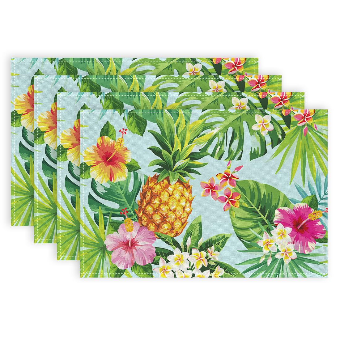ARKENYSummer Placemats 12x18 Inches Set of 4, Pineapple Aloha Palm Leaf Flower Seasonal Farmhouse Burlap Indoor Kitchen Anniversary Dining Table Mats Decor for Home Party AP610-4