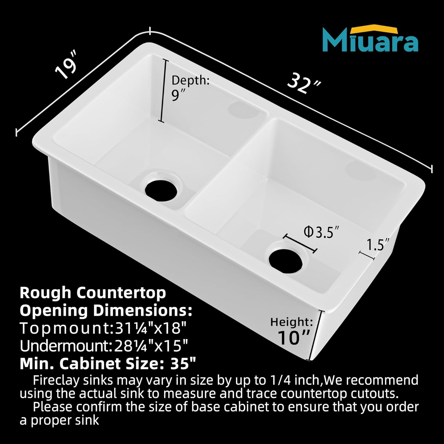 Miuara White Undermount Kitchen Sink 32 Inch Double Bowl 50/50 - Topmount Fireclay Drop In Sink 32"x19"x10", Dual Mount, Heavy Duty Dual Basin, with 4 Custom Accessories, Glossy White, for Kitchen
