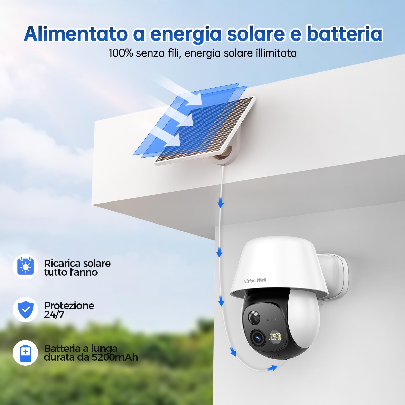 Telecamera Wi-Fi Esterno Solare Senza Fili 2K (3MP) - Videocamera Sorveglianza PTZ 360° Visione Notturna a Colori, Rilevamento Umano PIR, Sirena e Faretto, Audio Bidirezionale, Impermeabile IP65