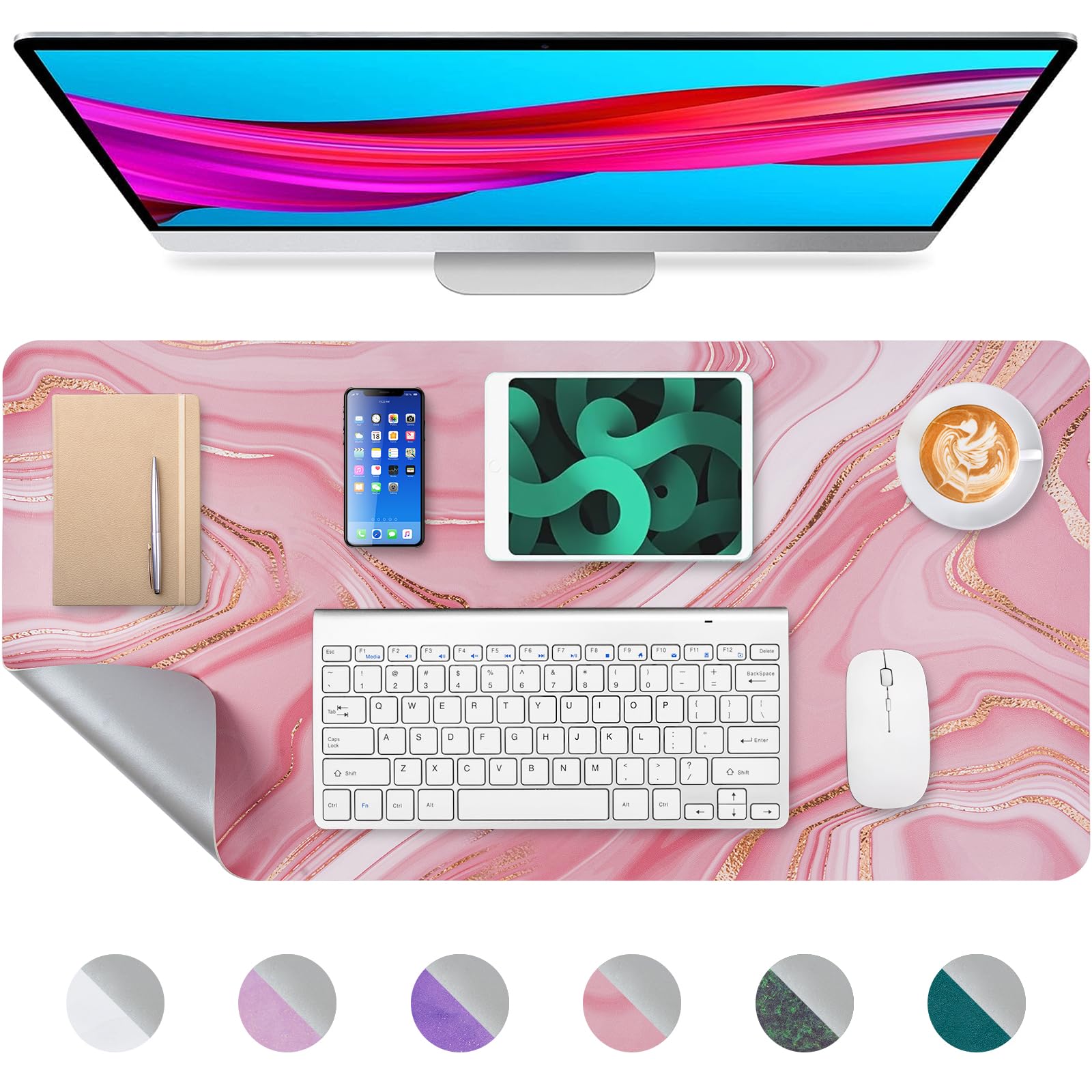 Leather Desk Pad, Mouse Pad Rose Gold Pink Marble