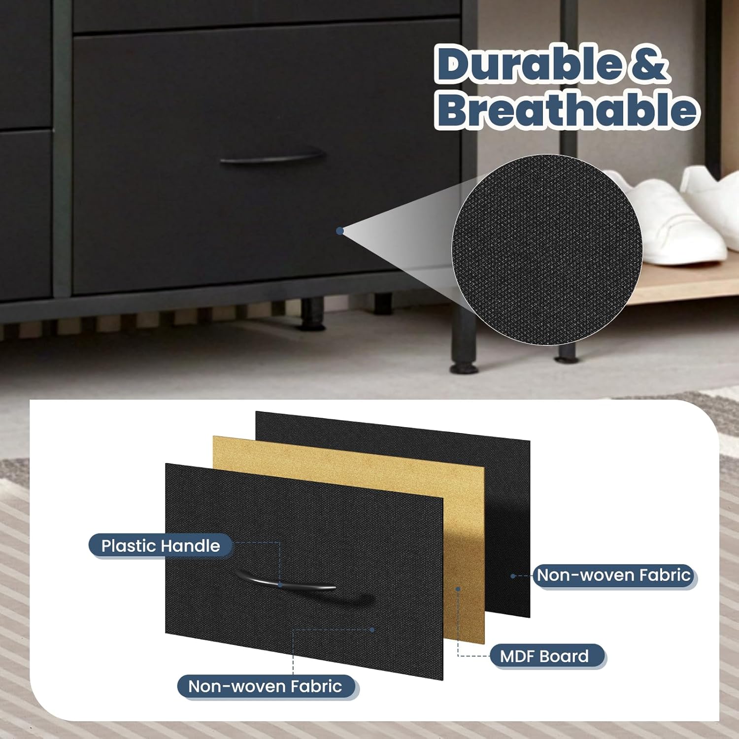 DUMOS TV Stand for Bedroom with 5 Storage Drawers, Fabric Chest of Drawers with Metal Frame, Living Room Storage Organizers Units for Books, TV Stand and Hallway, Modern Black