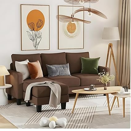 Groovecraft Alba 3 Seater Fabric L-Shaped Couch 3-Seat Sofa Sectional with Reversible Chaise (Brown)