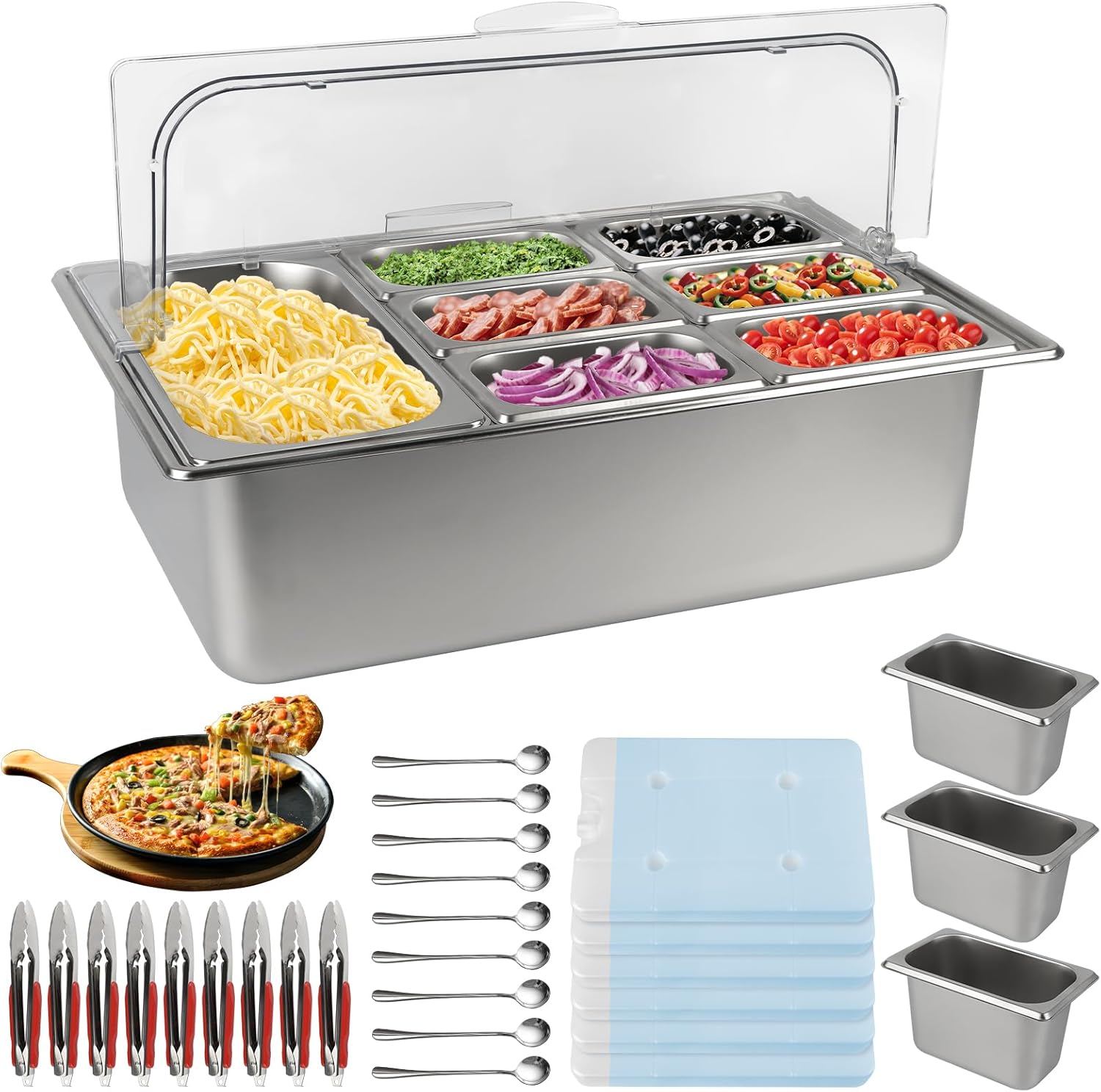 Lanstics Pizza Topping Station Stainless Steel Spice Organizer Salad Bar Buffet Station with Spoons Ice Boxes Buffet Containers Set for Sauce Jam Ingredient Kitchen Restaurant Pantry