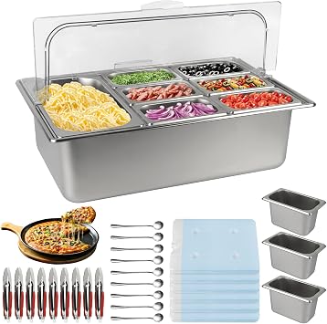 Pizza Topping Station 9 Pans Stainless Steel Salad Bar for Home | Salsa Bar Buffet Station with Spoons Ice Boxes Buffet Containers Set for Home Sauce Jam Ingredient Kitchen Restaurant