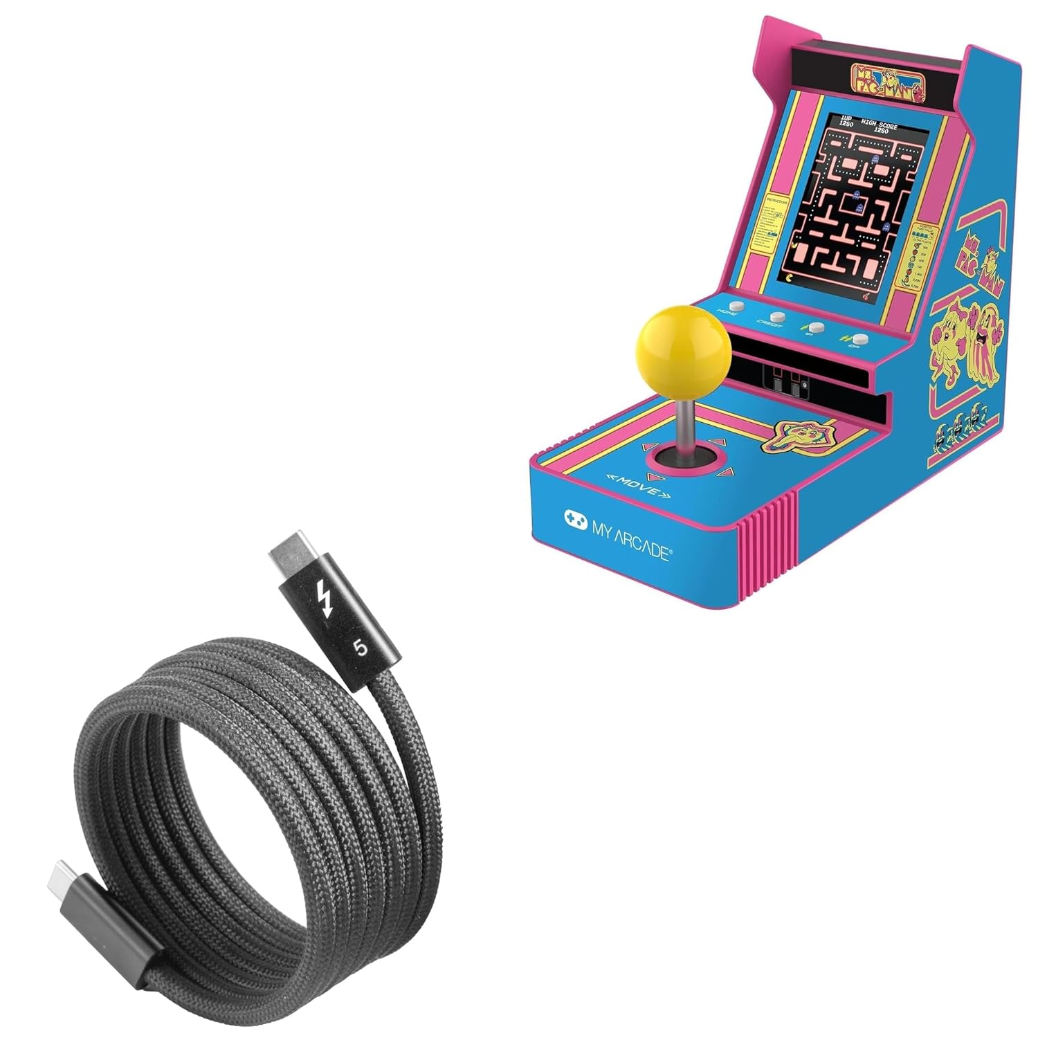 BoxWave Cable Compatible with My Arcade Ms. Pac-Man Joystick Player (3.5 in) - SnapWrap Thunderbolt 5.0 Cable (5ft 240W), Magnetic Self-Coiling Nylon Braided Retractable - Jet Black