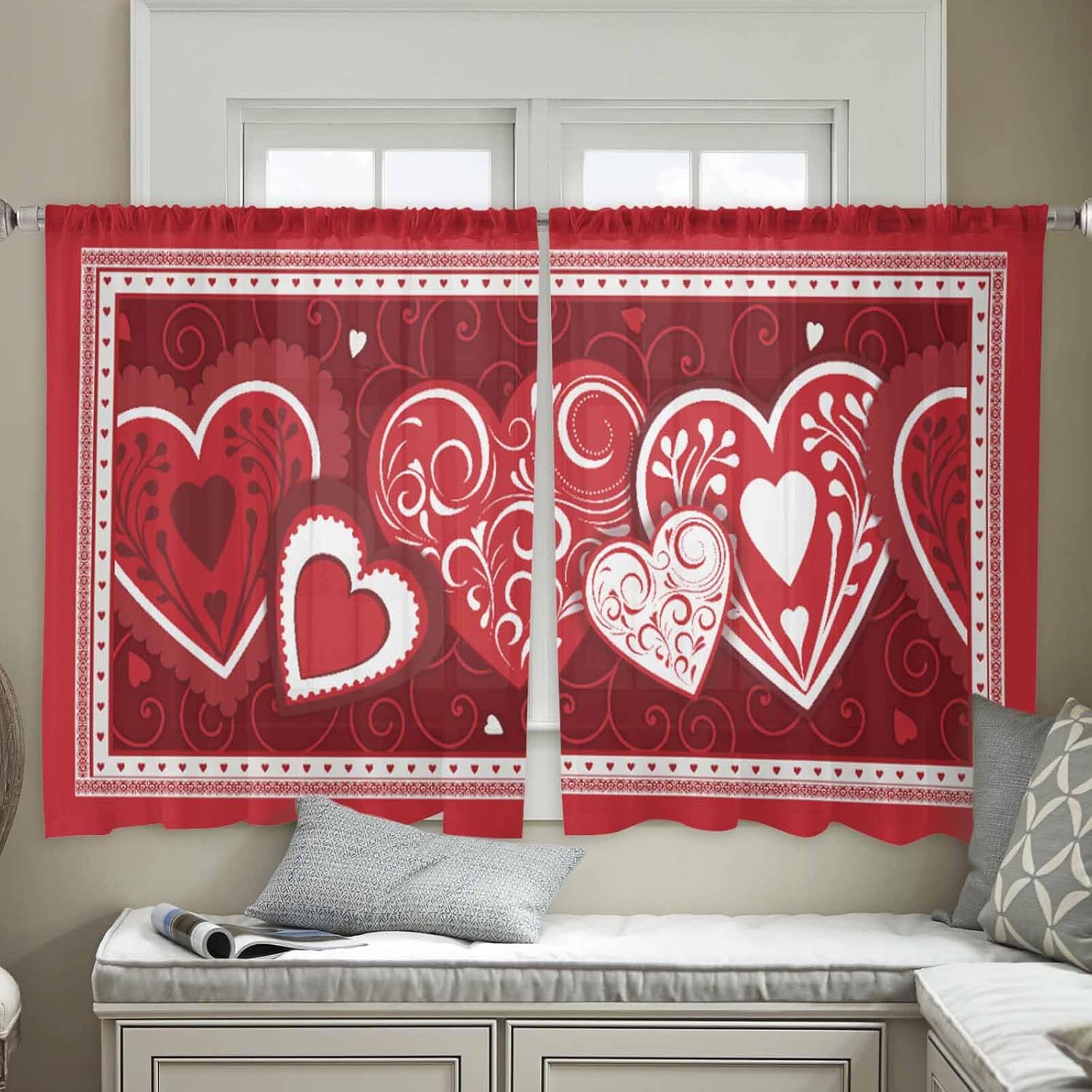 Valentine's Day Red Love Heart Semi Sheer Curtains 45 inch Length, Valentines Hearts Window Treatments Curtains,Light Filter Curtains Rod Pocket Drapes for Living Room Bedroom,2 Panels