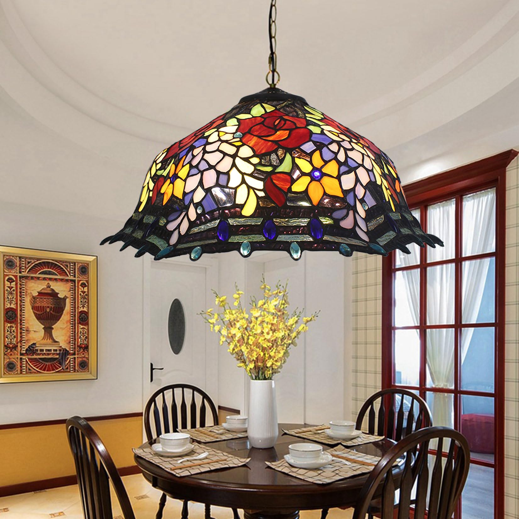 20-calowy klosz do lampy, wymienny, klosze ze szkła witrażowego Tiffany, wzór słomkowy, róża i wisteria, komin lampy w kolorze czerwonym, pomarańczowym i niebieskim w stylu Vi，