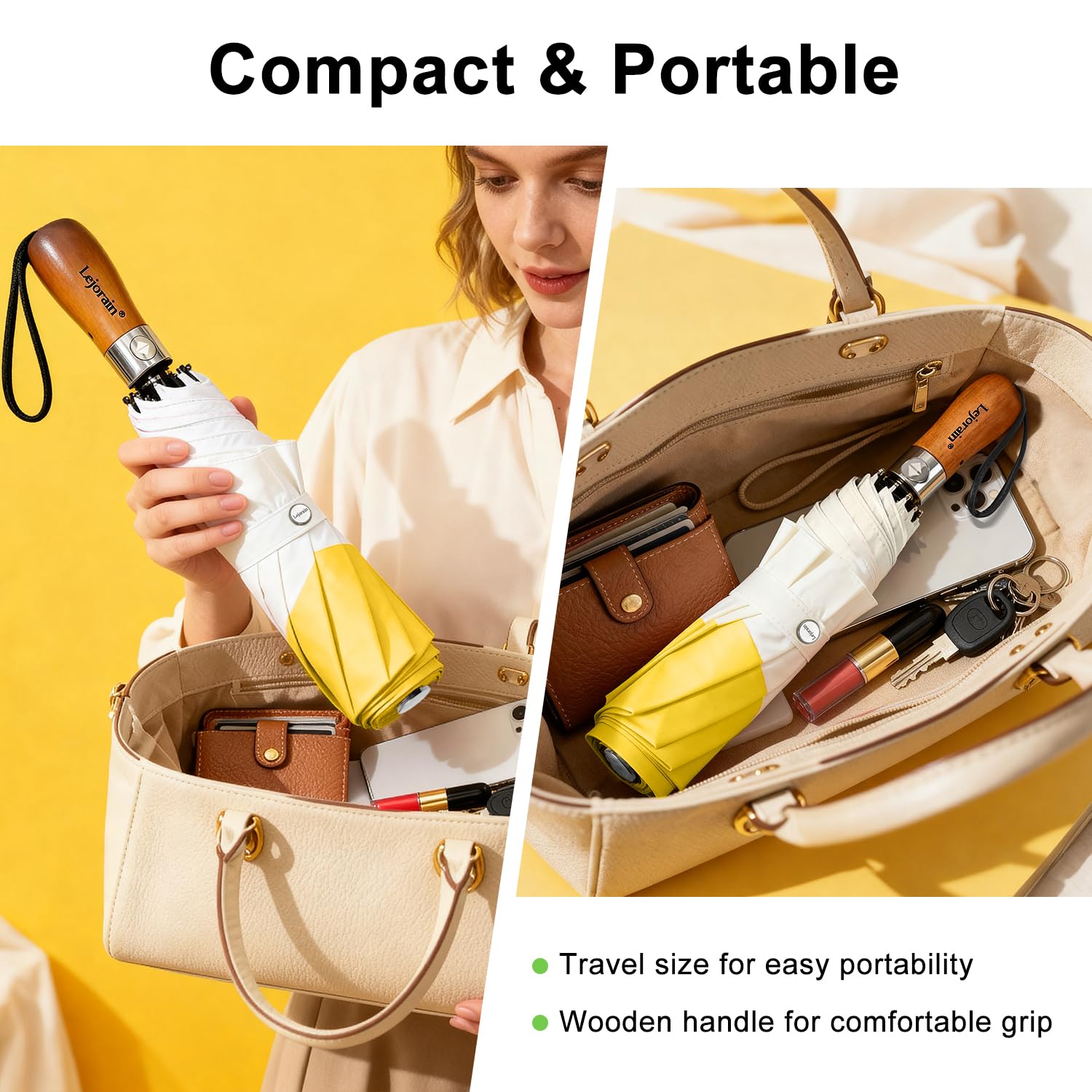 Lejorain Grand parapluie de golf coupe-vent – Parapluie de voyage pliable jaune arc de 137,2 cm compact solide ouverture et fermeture automatique parapluie pour vent et pluie