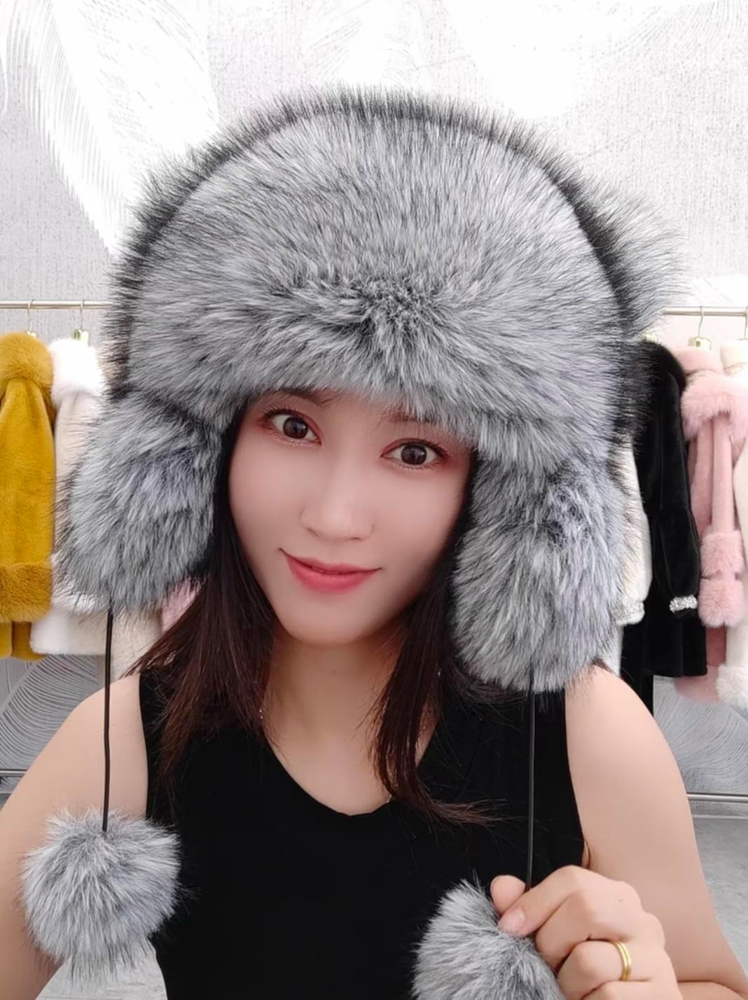 Luxury Faux Fur Winter Trapper Hat with Pom Poms, Gray, Warm Ear Flaps