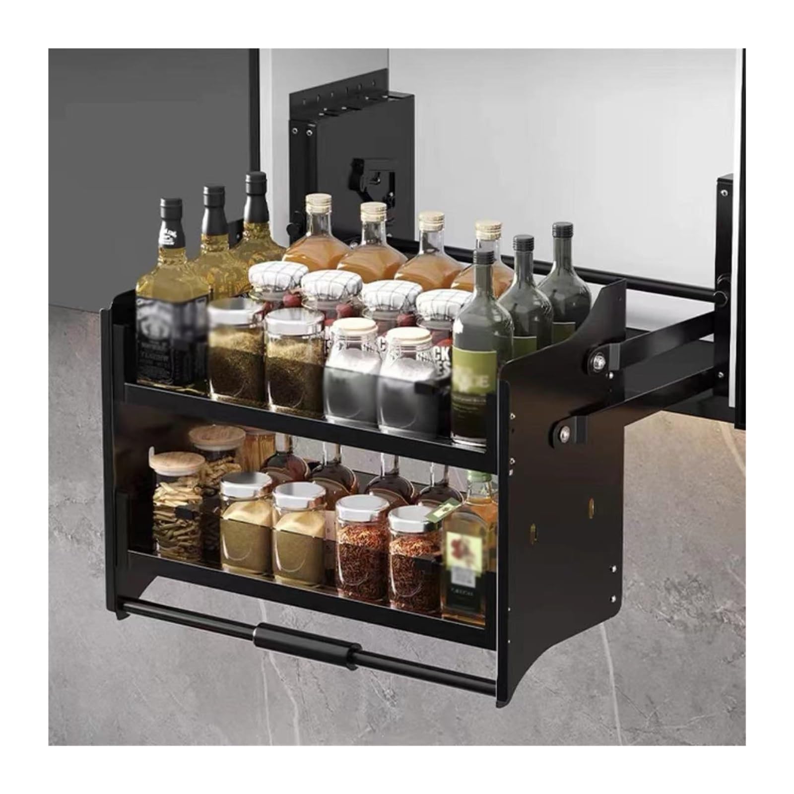 LVSEWOA 2-Tier Drop Down Cabinet Organizer, Pull Down Shelf for Upper Cabinets, Aluminum Alloy Lifting Basket, Spice Storage Rack for Kitchen