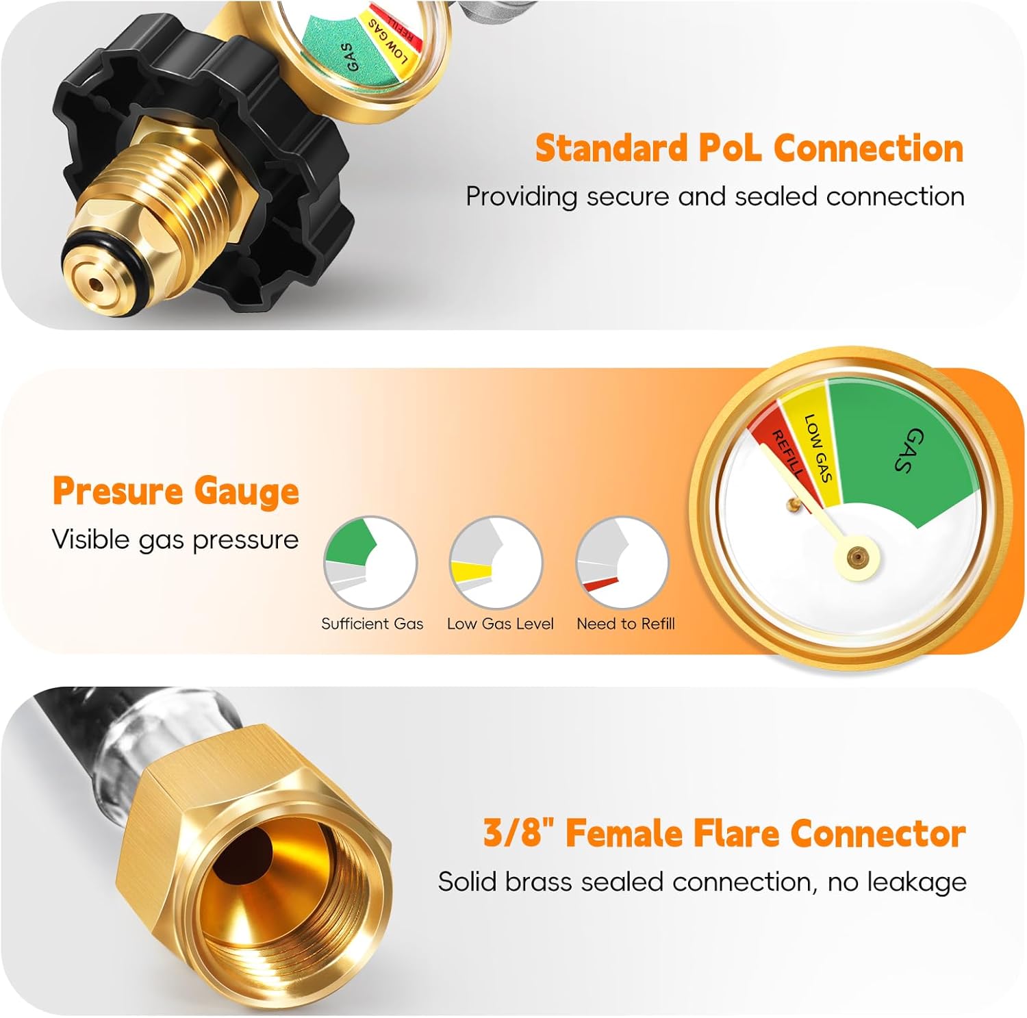 10 FT Two Stage Propane Regulator with Hose and Gauge, Standard POL Connection to 20-100 lb Propane Tanks, 3/8in Female Flare Fitting for Grill, Heaters, Gas Generator
