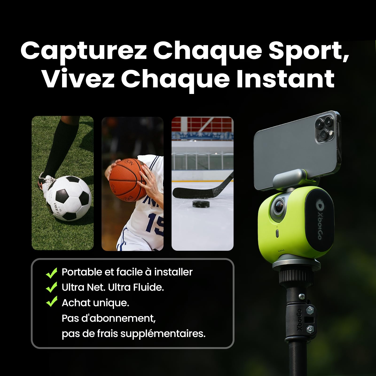 XbotGo Chameleon Caméra d'action Sport 4K 60FPS - SuiviFootball & Enregistrement Basket pour Sports Collectifs, Diffusion Live, Installation Facile, Compatible iOS & Android (Graphite Lave)