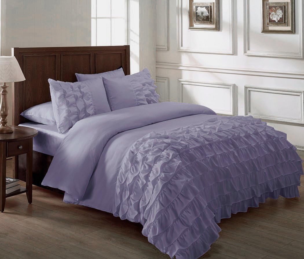 Chezmoi Collection Ella 3-Piece Ruffle Duvet Cover Set King, Lilac