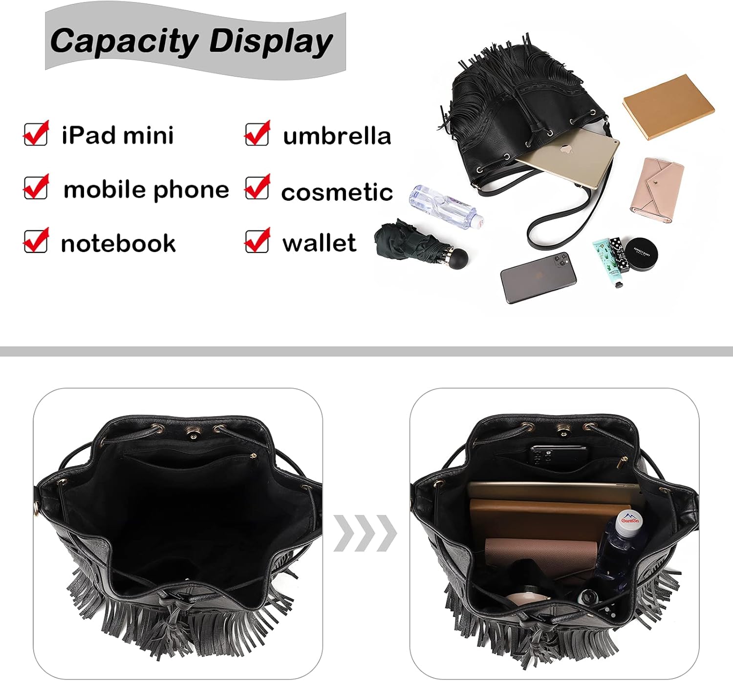 Leather Bucket Bags for Women Crossbody Fringe Purses with Drawstring Ladies Tassel Hobo and Shoulder Handbags - Image 5