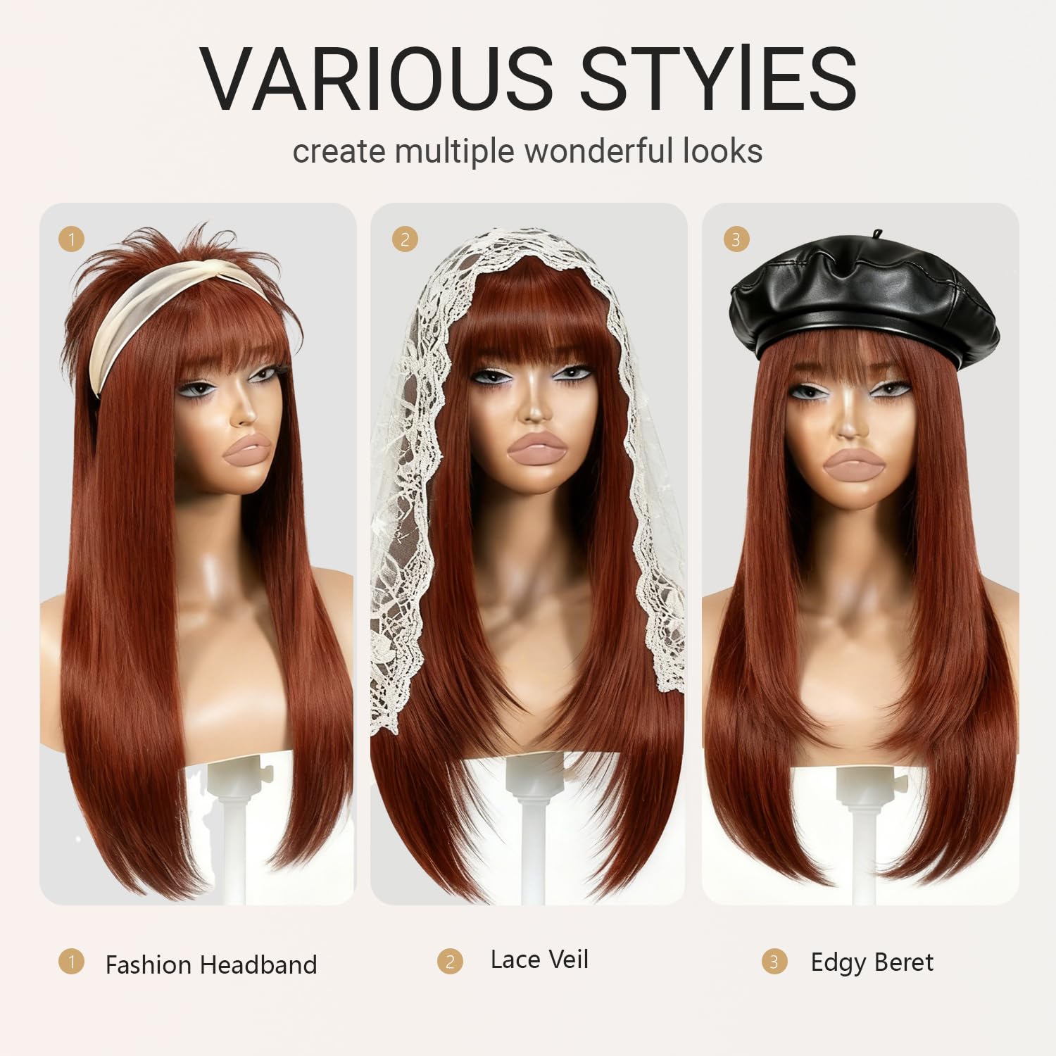 Ginger Wig with Bangs Long Ginger Wig for Women Synthetic Heat-Resistant Hair Layered Style Hair for Daily and Party Use - Image 4