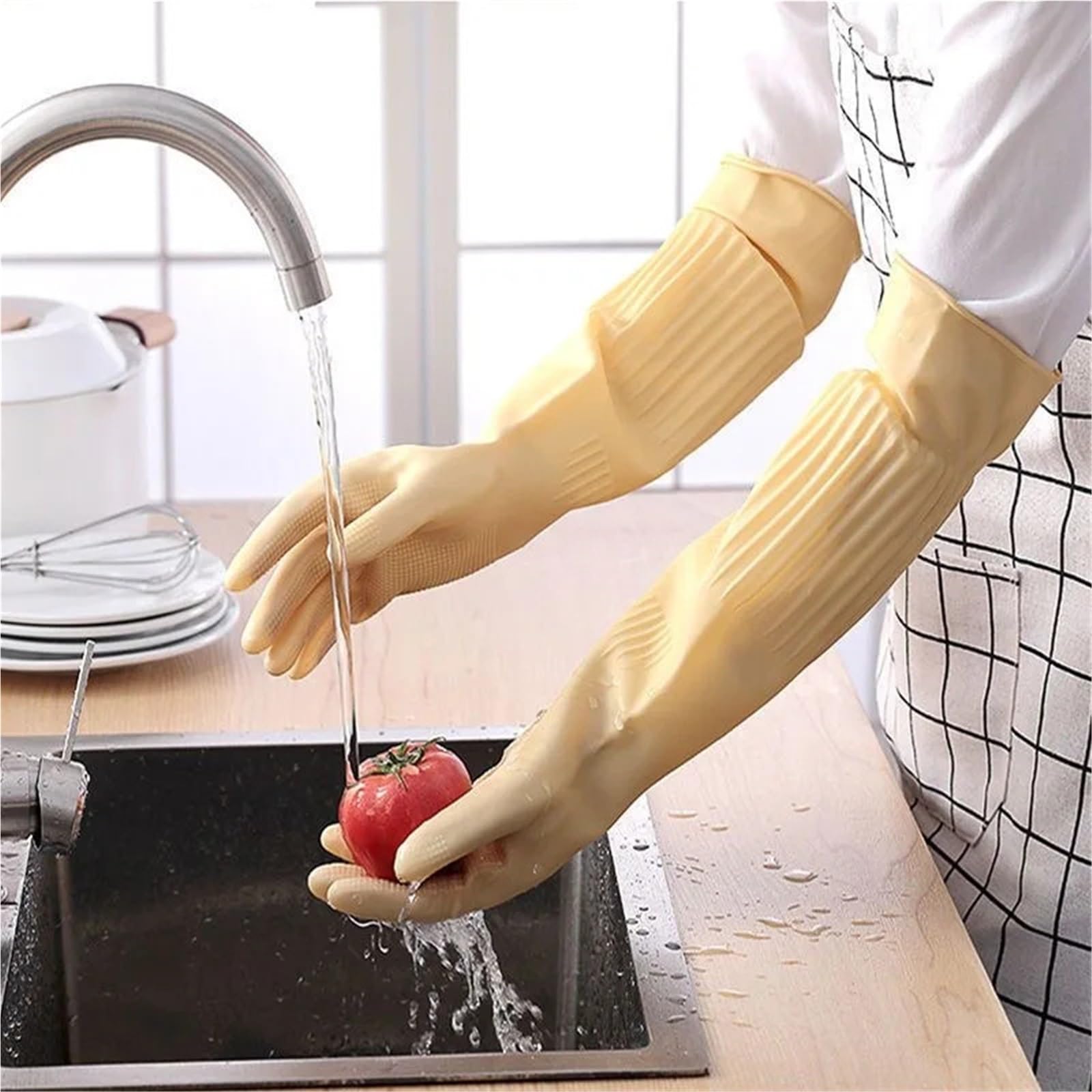 Guantes Limpieza Guantes de limpieza látex goma for el hogar, reutilizables, for cocina, lavavajillas, con puño largo, impermeables y antideslizantes