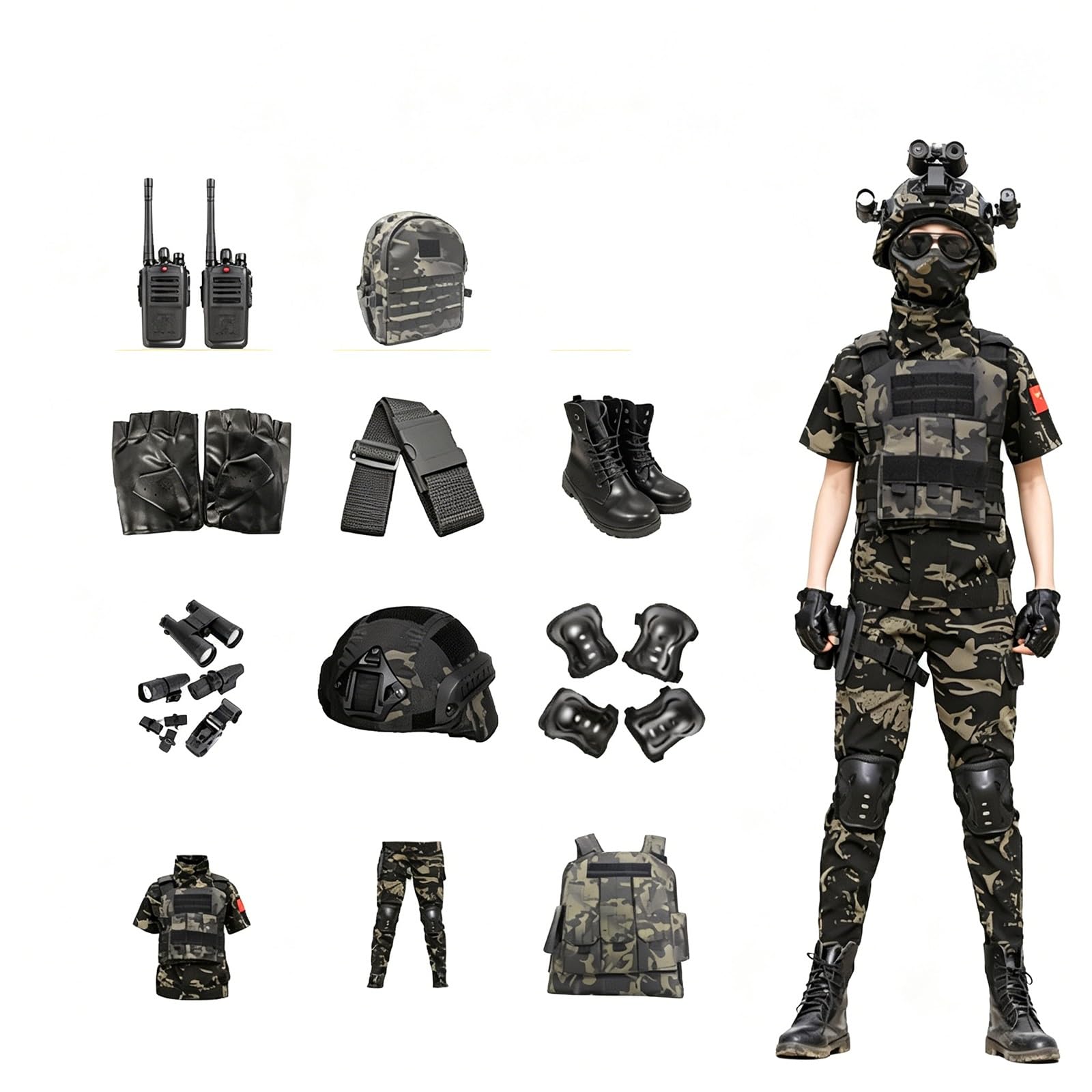 Kinder Militär Kostüm Set Soldat Armee Rollenspiel Outfit mit Zubehör, Halloween und Geburtstags Geschenk Verkleidungsset