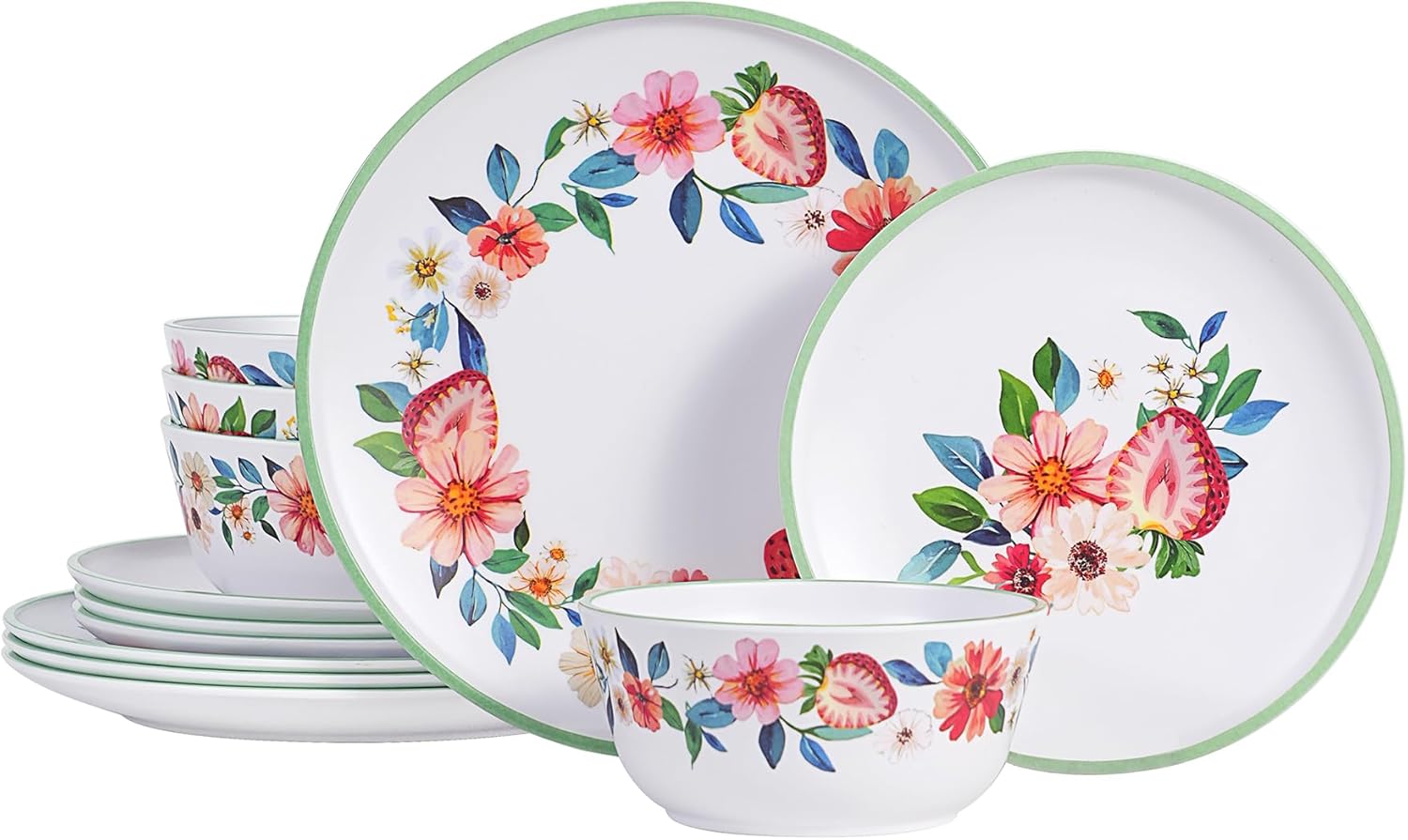 Strawberry Melamine Dinnerware Set of 4-12 Pcs Plates and Bowls Sets, Indoor and Iutdoor Dishes for Patio, Outdoors, RV, Spring Camping- Matte Exterior