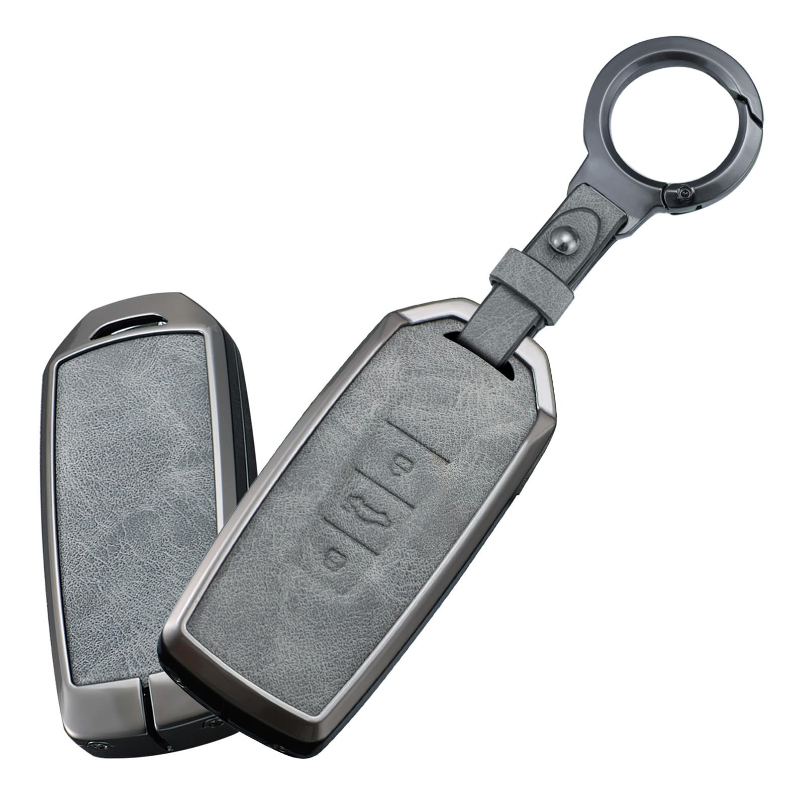 HIBEYO Car Key Case Fits VW Touareg 2018-2023, 3-Button C, Leather & Zinc Alloy, Signal Preservation Design, 10m Range