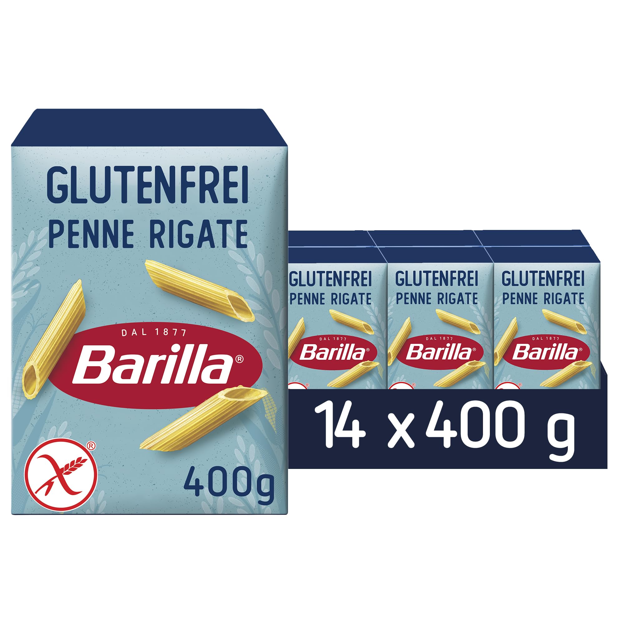 Barilla Pasta Nudeln Glutenfreie Penne Rigate aus köstlichem Mais und Reis – perfekt für Menschen mit Zöliakie oder Glutenunverträglichkeit, (14 x 400 g)