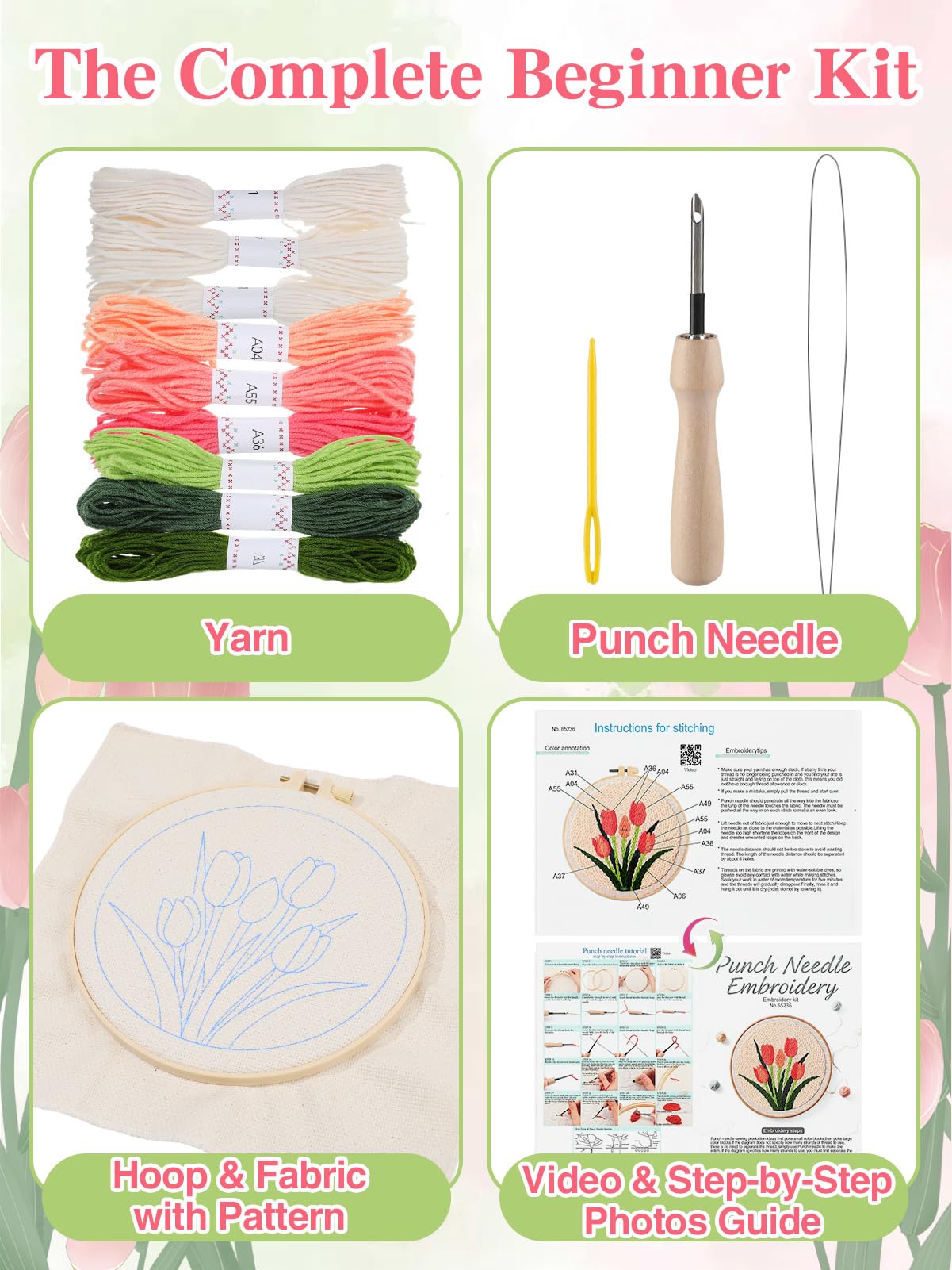 Punch Needle Kit - Beginner Crafting, Floral Designs -2 Punch Needle Kit - Beginner Crafting, Floral Designs -2