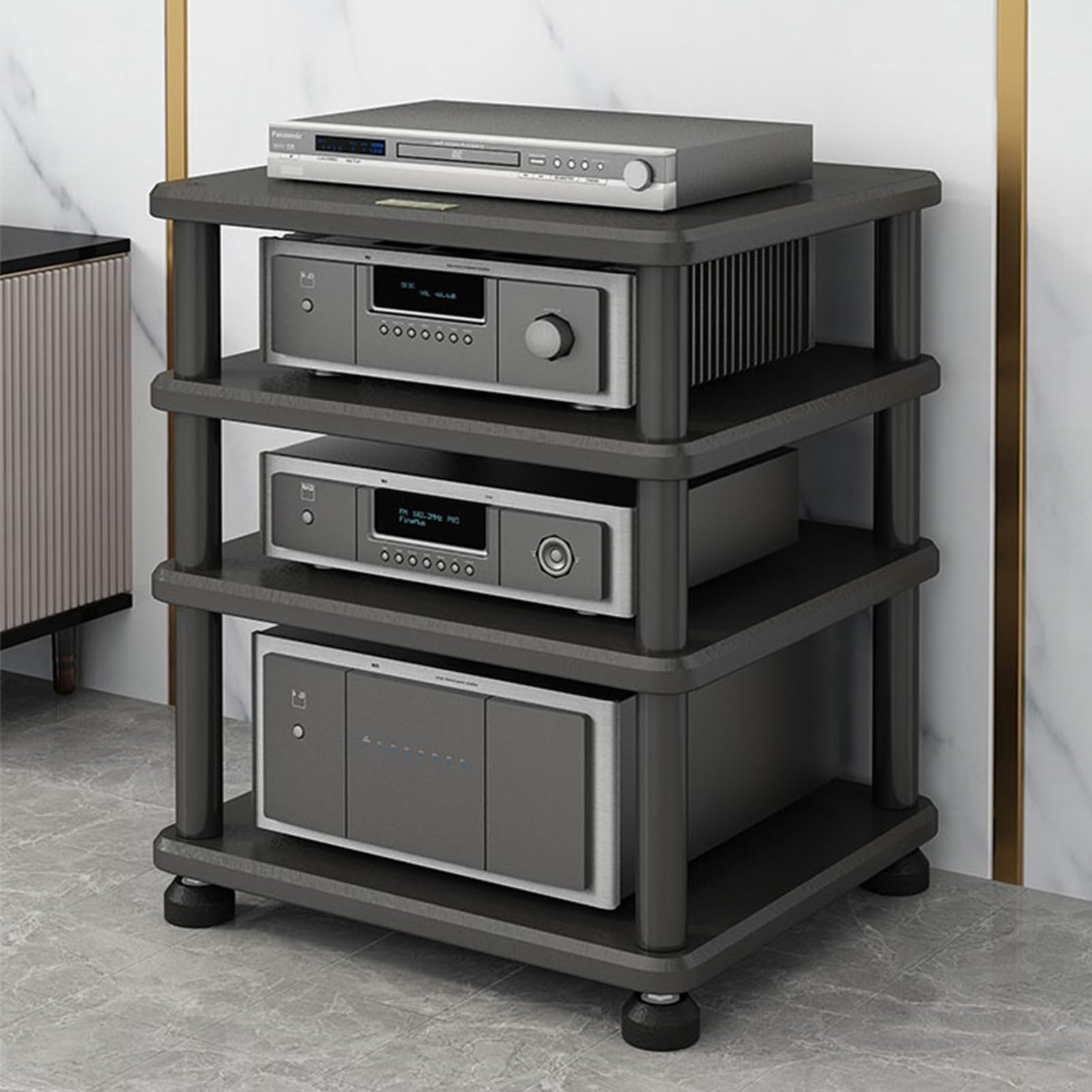 4 Tier Stereo Rack System Cabinet AV Media Stand Shelf nize Your Entertainment Components in Style for Living Room Office DJ Booth or Home Theater Sleek Black Design for Modern Spaces