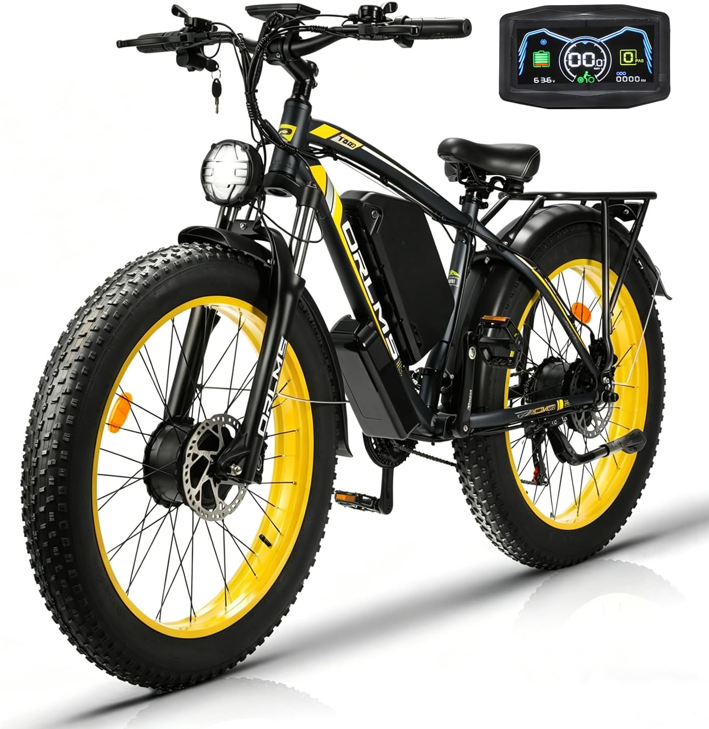 Electric Bike for Adults, 60V 25Ah Fat Tire Ebike Dual Motor AWD 5000W Peak 20MPH Electric Bicycles 21-Speed with Ignition Lock Hydraulic Disc Brake