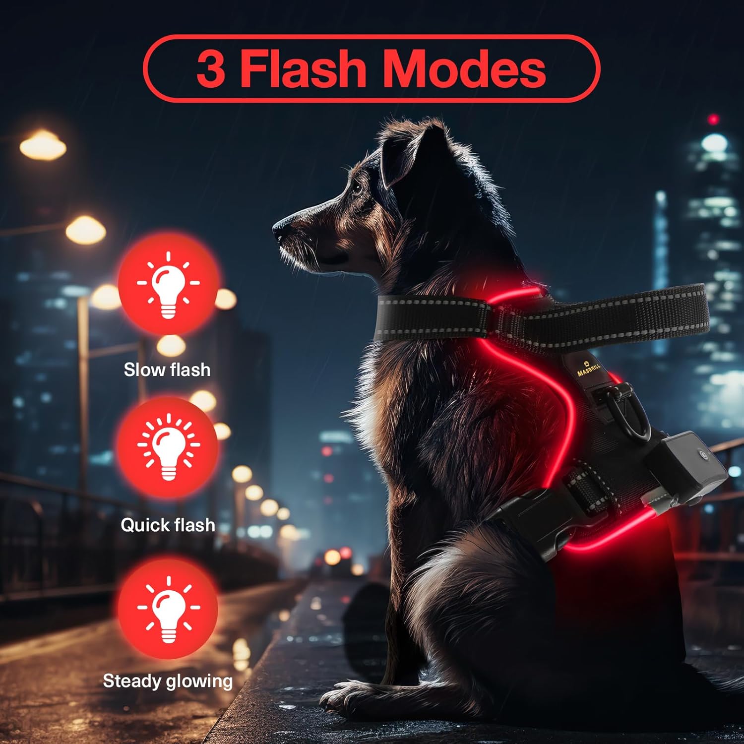 MASBRILL Light Up Dog Harness - Led No Pull Dog Harness Rechargeable Lighted Dog Harness for Night Walking Adjustable Glowing Vest for Small Medium Large Dogs
