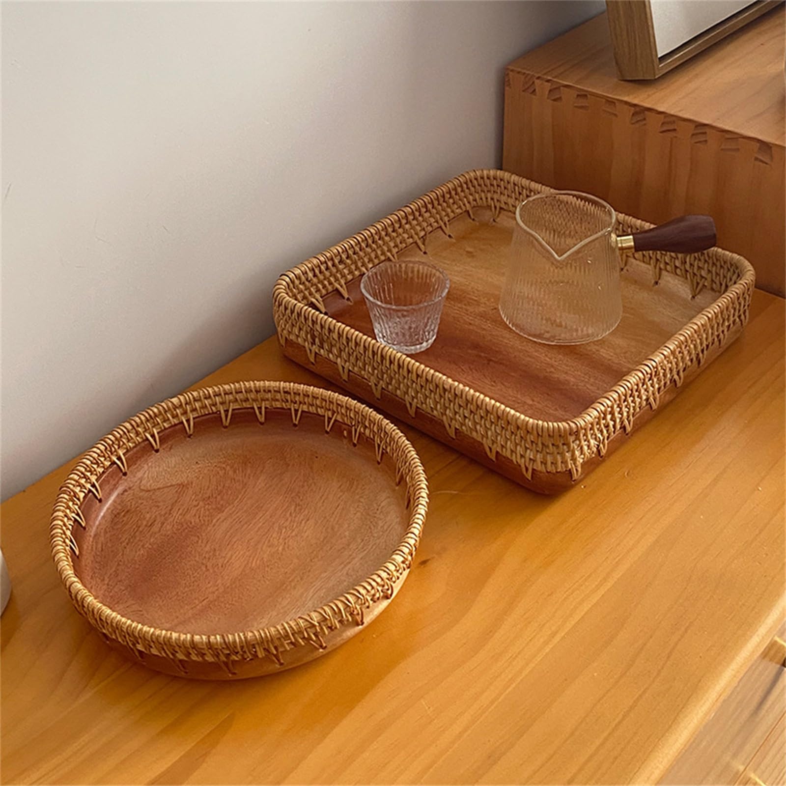 Bandeja Rectangular, Bandeja de ratán, Bandeja de Almacenamiento for Servir de ratán Tejido a Mano, Natural, Varios tamaños, Paquete de 2(Natural 2)