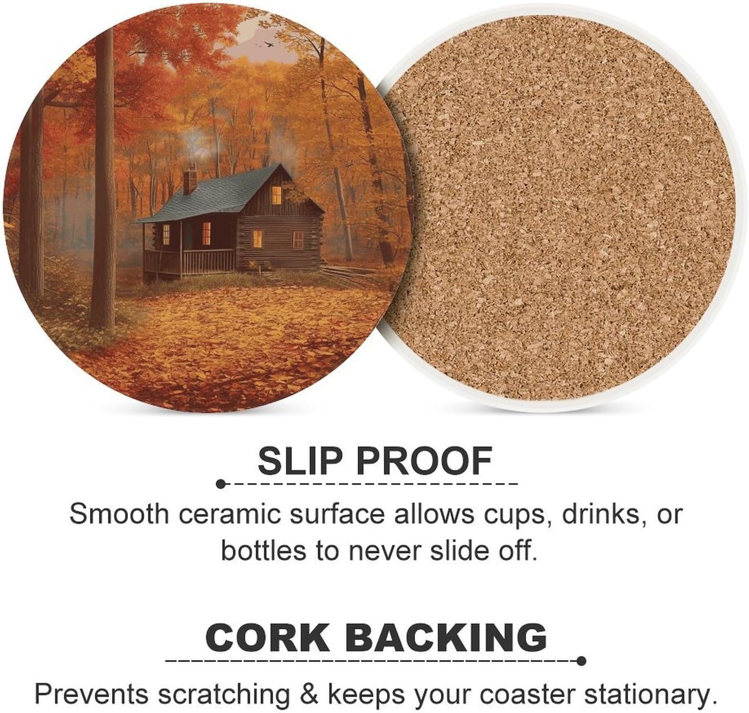 6PCS Autumn Woods Cabin Coasters Non-Slip Round Drink Coasters with Ceramic Stone and Cork Base, Heat Resistant Absorbent 33.00Stone Coaster Set for Kinds of Mugs and Cups, 4 Inch