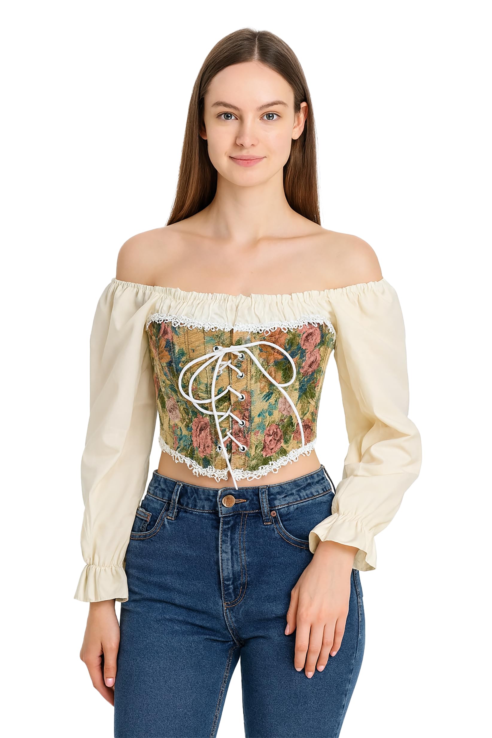Women French Style Vintage lace-up Floral Jacquard Off-Shoulder Smock Puff Sleeve Ruffled Crop Blouse Corset Top Dn228-image-17