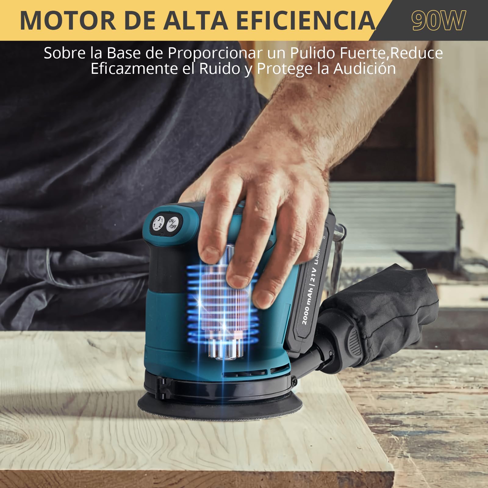 AMTOVL Lijadora Orbital 90W Lijadora Eléctrica 3 Velocidades (7000-9500-11000rpm) con Papel de Lija 5PCS 125mm Bolsa para Polvo para Lijar, Encerar, Pulir Madera y Metal (Pilas no Incluidas)