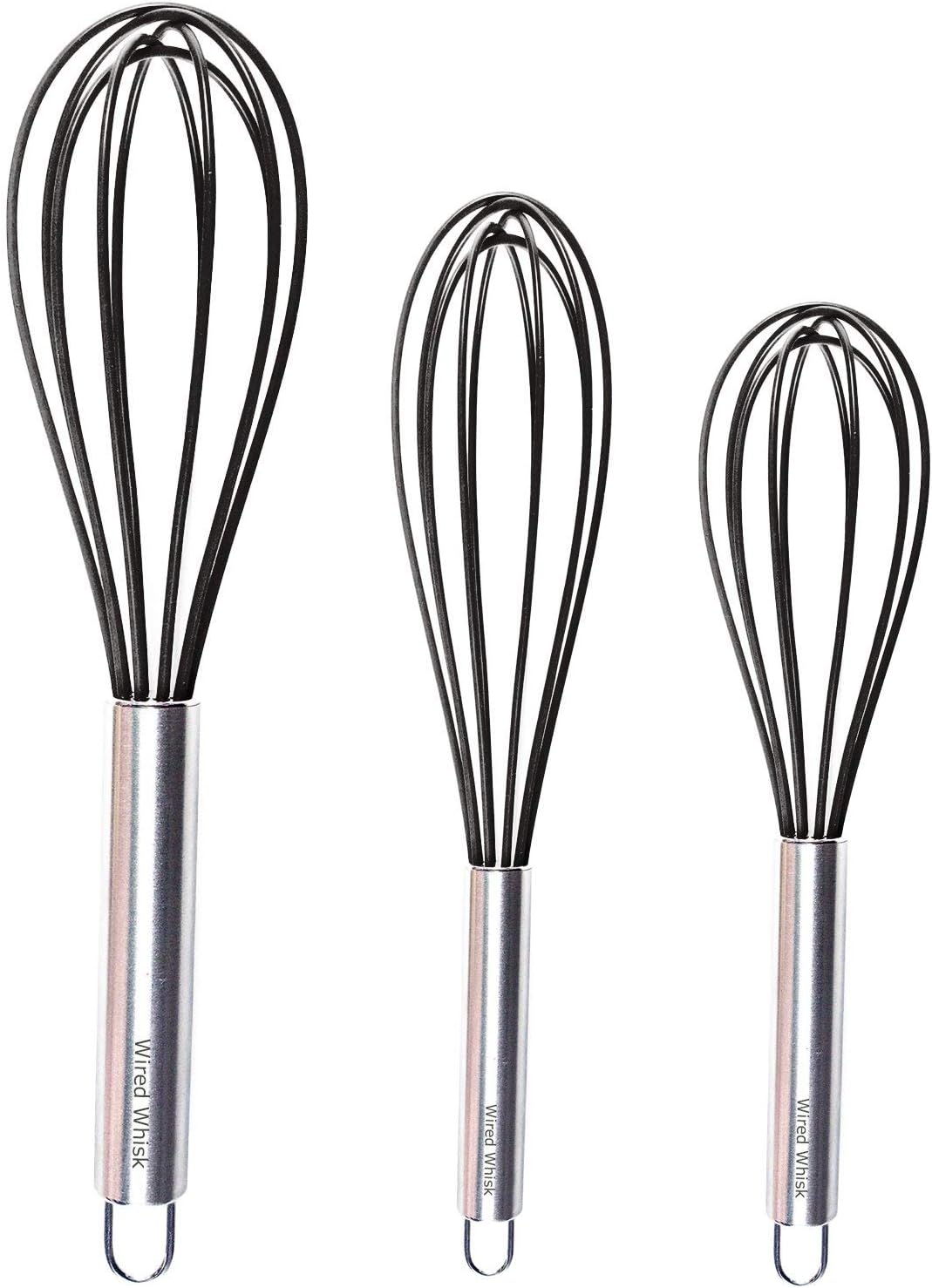 Wired Whisk Silicone Set of 3 - Stainless Steel & Silicone Kitchen Utensils for Blending, ing, Beating & Stirring - (Blue: 12-inch, Red: 10-inch & Green: 8.5-inch) (Black)