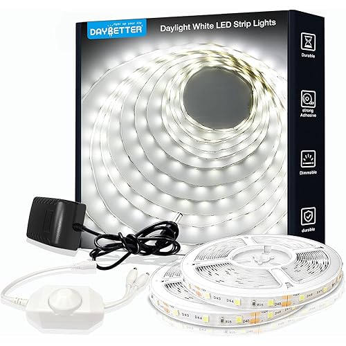 DAYBETTER White LED Strip Light, 40ft Dimmable Bright Rope Light, 6500K 12V Light Strips, 720 LEDs 2835 Tape Lights for Bedroom, Kitchen, Mirror, Home Decoration
