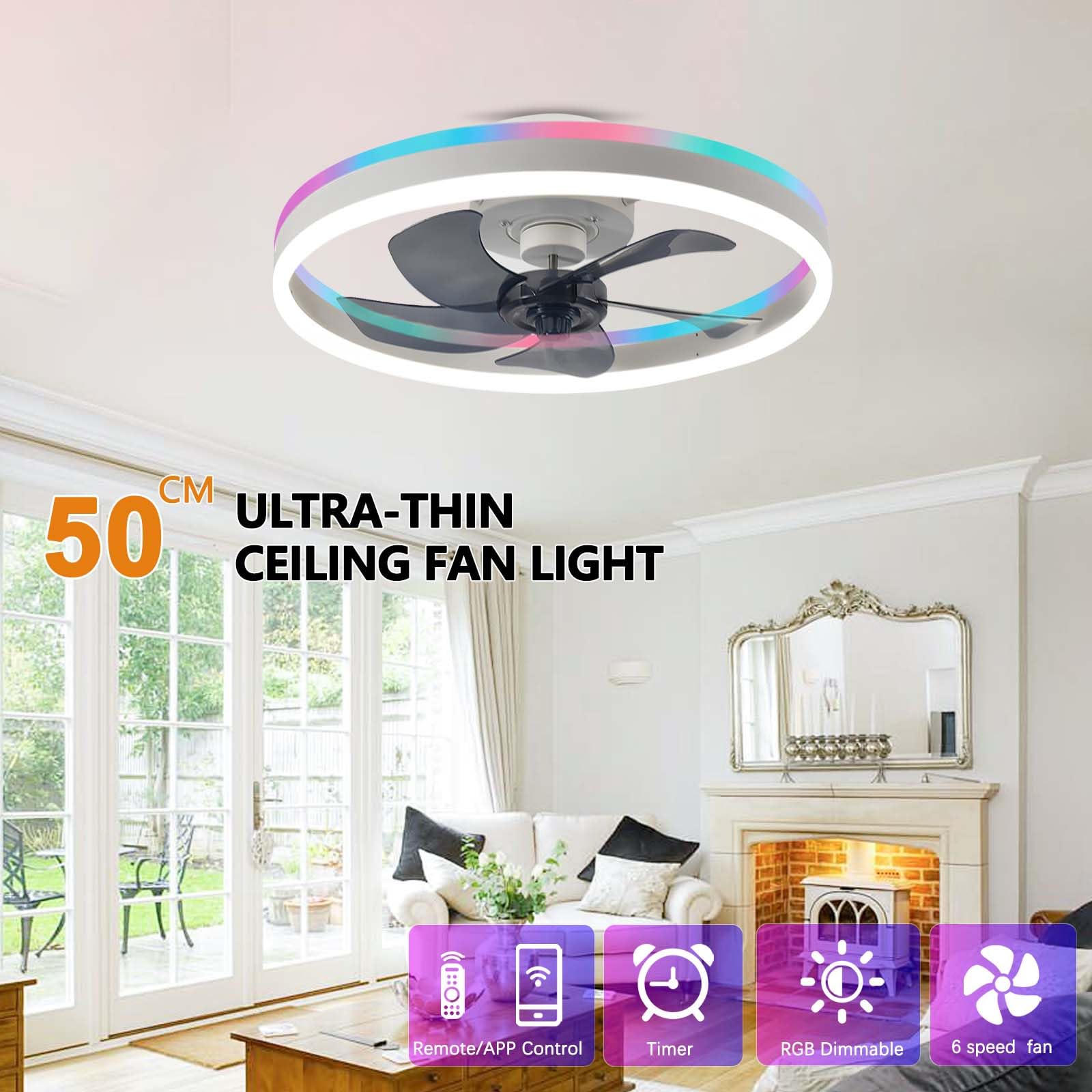 50cm RGB Ventilatore da Soffitto con Luce e Telecomando 73W Bianco | Silenzioso Plafoniera con Ventilatore per Camera da Letto Soggiorno Timer LED Lampadario Ventilatore 6 Velocità 3000-6500K