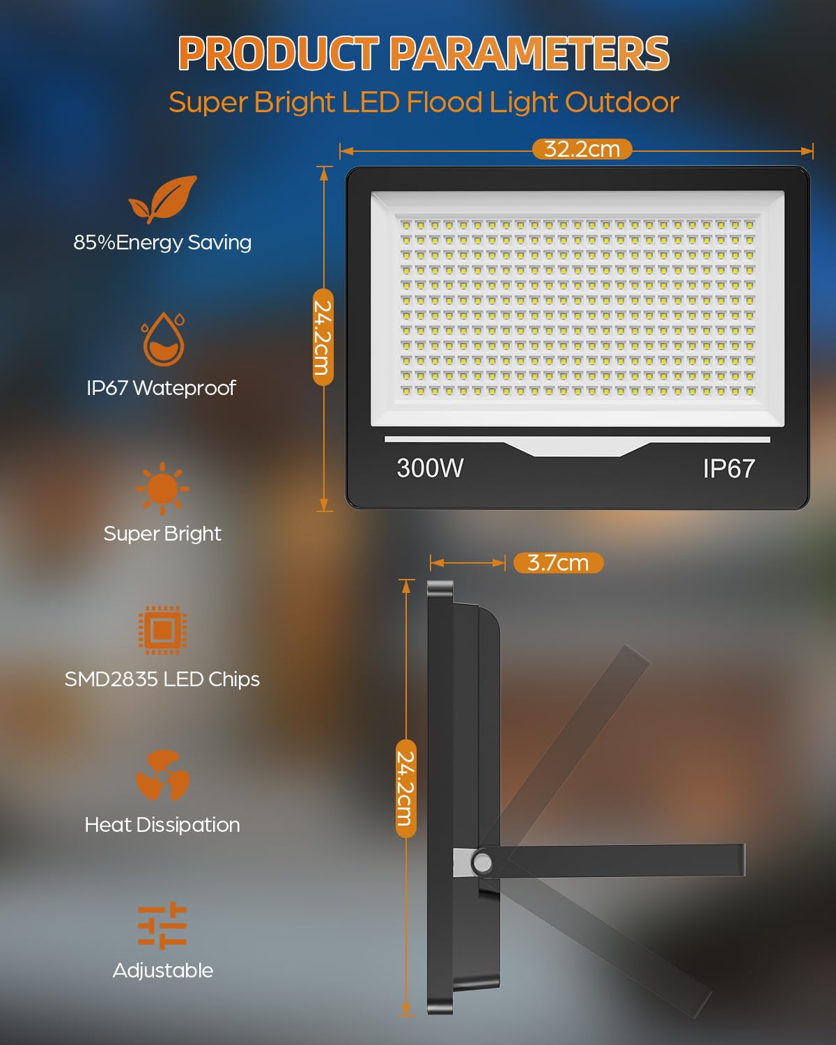 Fari Faretto LED da Esterno 300W 1 Pezzi - 30000LM 6500K Luce Fredda Faro Faretti LED Esterno IP67 Impermeabile per Giardino, Patio, Terrazza, Garage