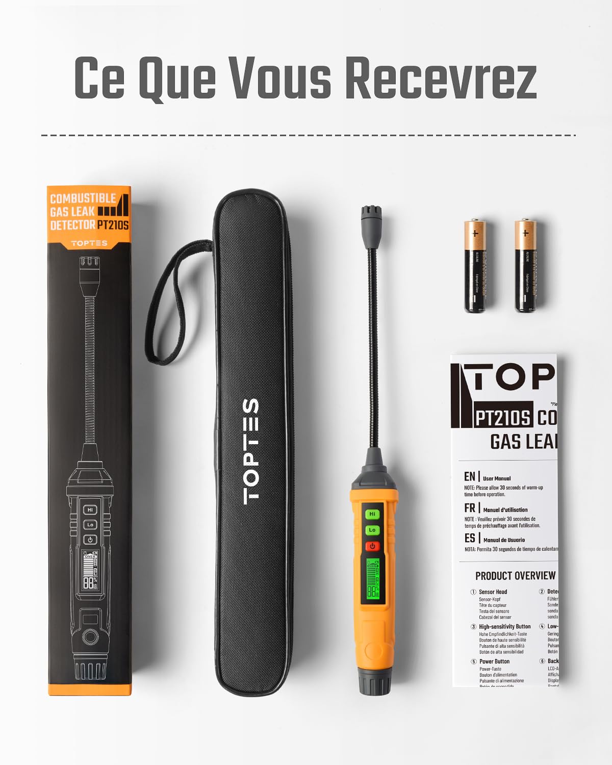 Détecteur de gaz Naturel, TopTes PT210S avec sonde de 10cm Détection pour Les fuites de gaz Naturel et du Propane - Convient pour Les cuisinières et Les Fours, Mesure en% Lie (Pile x2 Incluse)-Orange