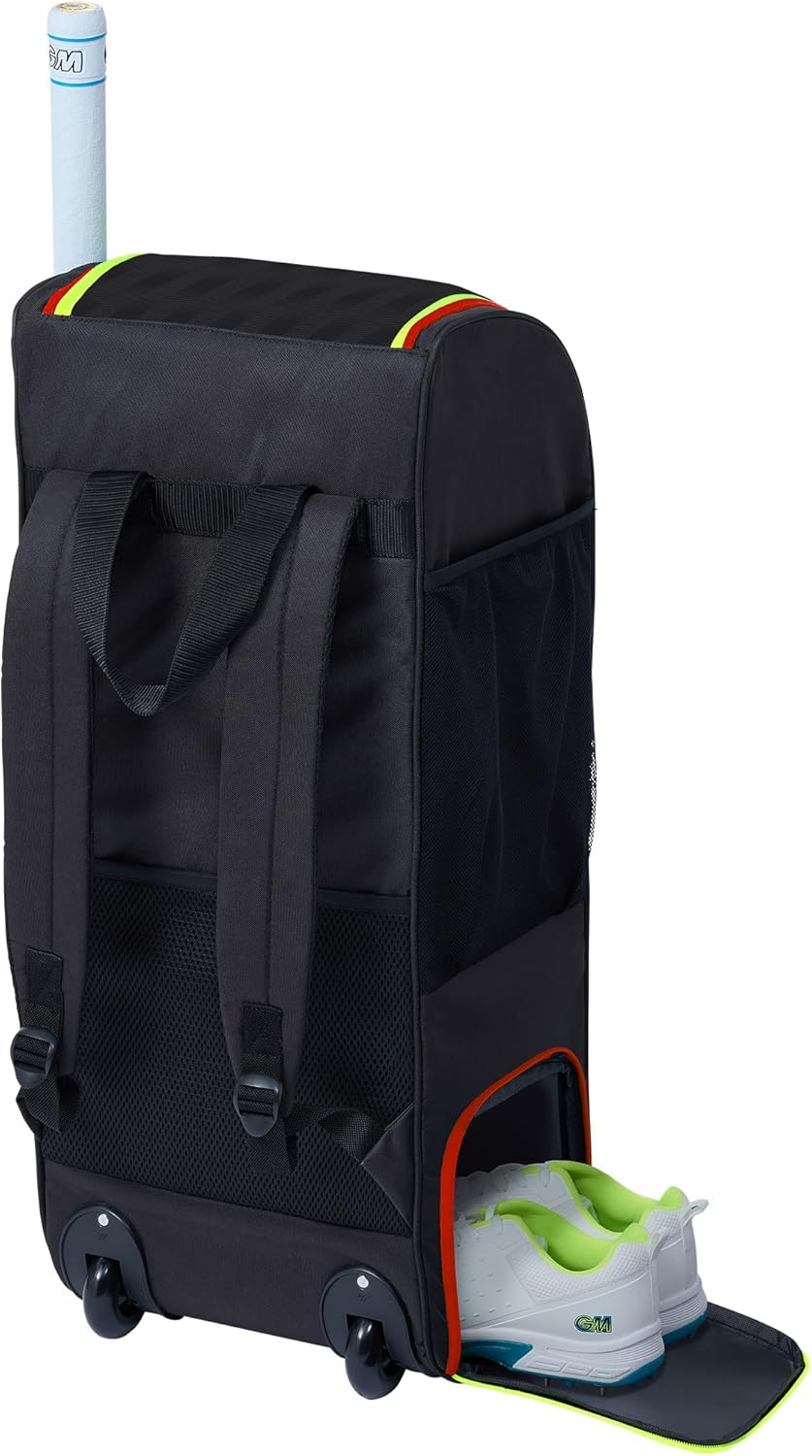 GM | Rival Wheelie Duffle Cricket Bag Holdall | Sleeve for 1 Bat | Adjustable Comfort Straps | Shoe Tunnel | Volume - 55 litres | Tough 600 Denier Polyester | Black Red & Yellow | Gunn & Moore