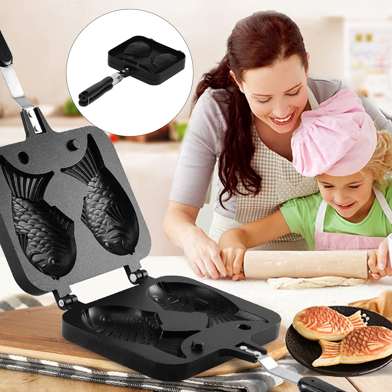 Taiyaki Poêle à Gaufres, Double Face Antiadhésive Moule à Dessert | Aluminium, Poignée en Acier Inoxydable, Gaufrier pour Cuisinières à Gaz, Petit-déjeuner, BBQ