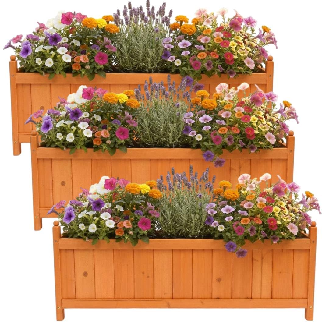 LOVETRENDS Long Wooden Garden Planter - Pack of 3-90cm Rectangular Trough, Generous 35cm Depth, Outdoor Flower, Herb and Vegetable Box for Patio, Balcony and Decking, Natural Timber