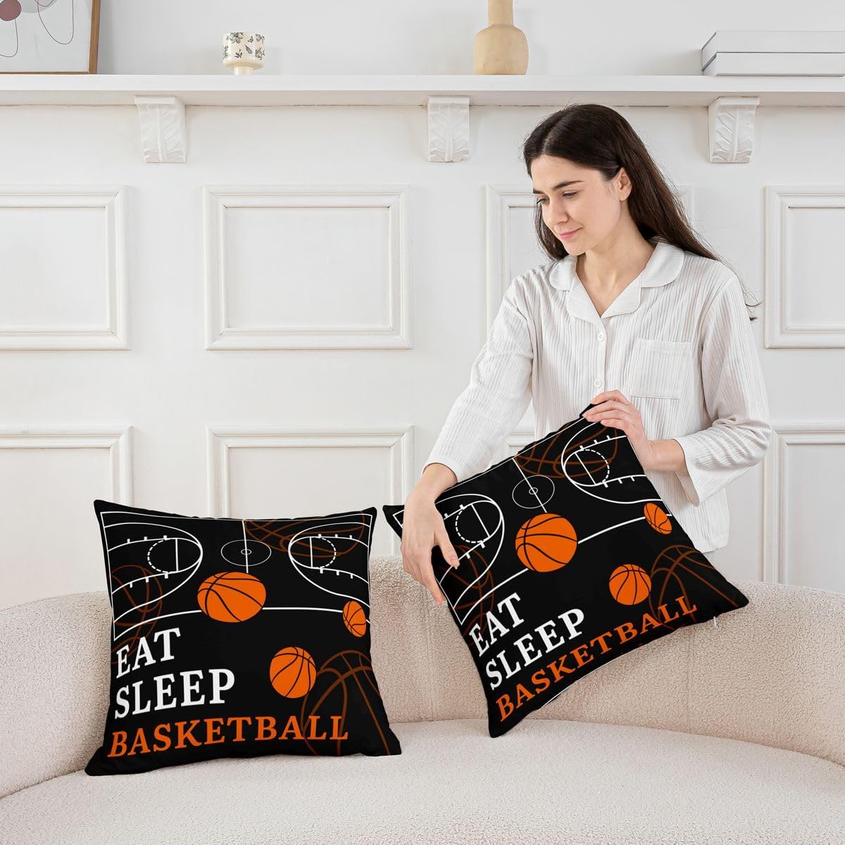 Erosebridal Basketball Throw Pillow Covers 16x16 Set of 2 3D Printed Basketball Theme Pillow Covers Black Orange Sports Cushion Cover Ball Gaming Pillow Cases for Couch Sofa image 3