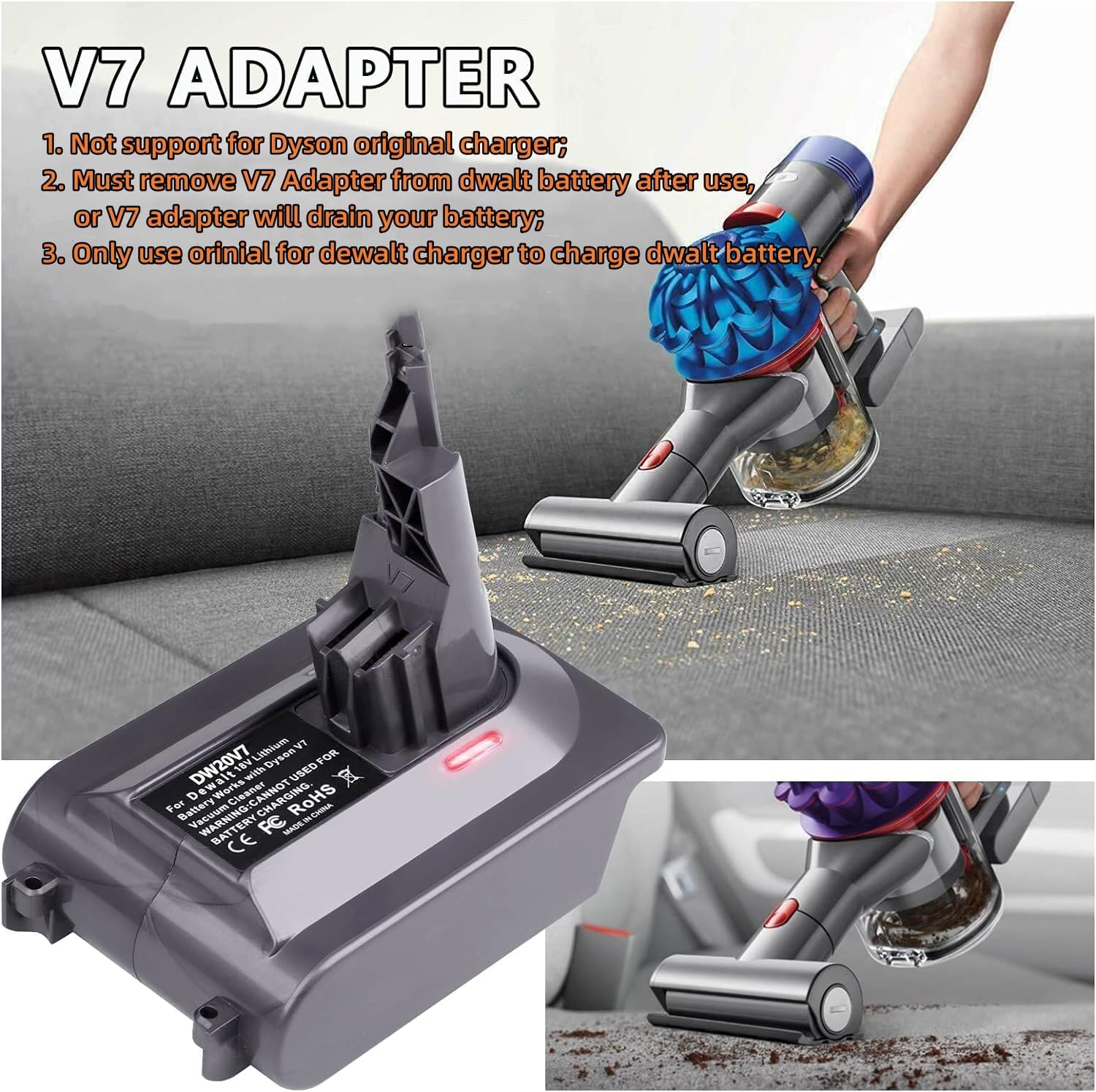 V7 Battery Adapter for Dyson V7 Vacuum Cleaner, V7 Adapter for Dewalt 20V Battery to Replace for Dyson V7 Battery, Work for Dyson V7 Absolute Fluffy Animal HEPA SV11 Vacuum - DW20V7 Adapter Only