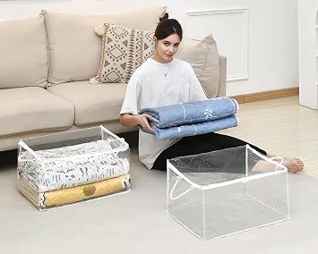 10 PCS Clear Zippered Storage Bags with Handle, Sweater Storage with Zipper, Foldable Closet Organizer Bed Sheet Organizer, Cube Plastic Organizer, Bag, Bin for Clothes,Towel-20 * 16 * 12
