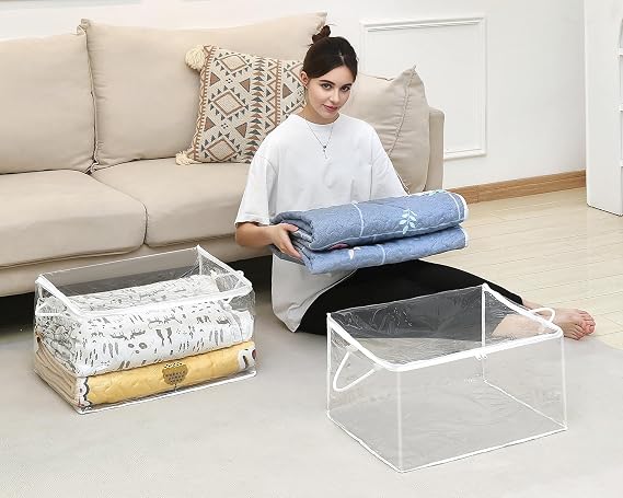 10 PCS Clear Zippered Storage Bags with Handle, Sweater Storage with Zipper, Foldable Closet Organizer Bed Sheet Organizer, Cube Plastic Organizer, Bag, Bin for Clothes,Towel-20 * 16 * 12