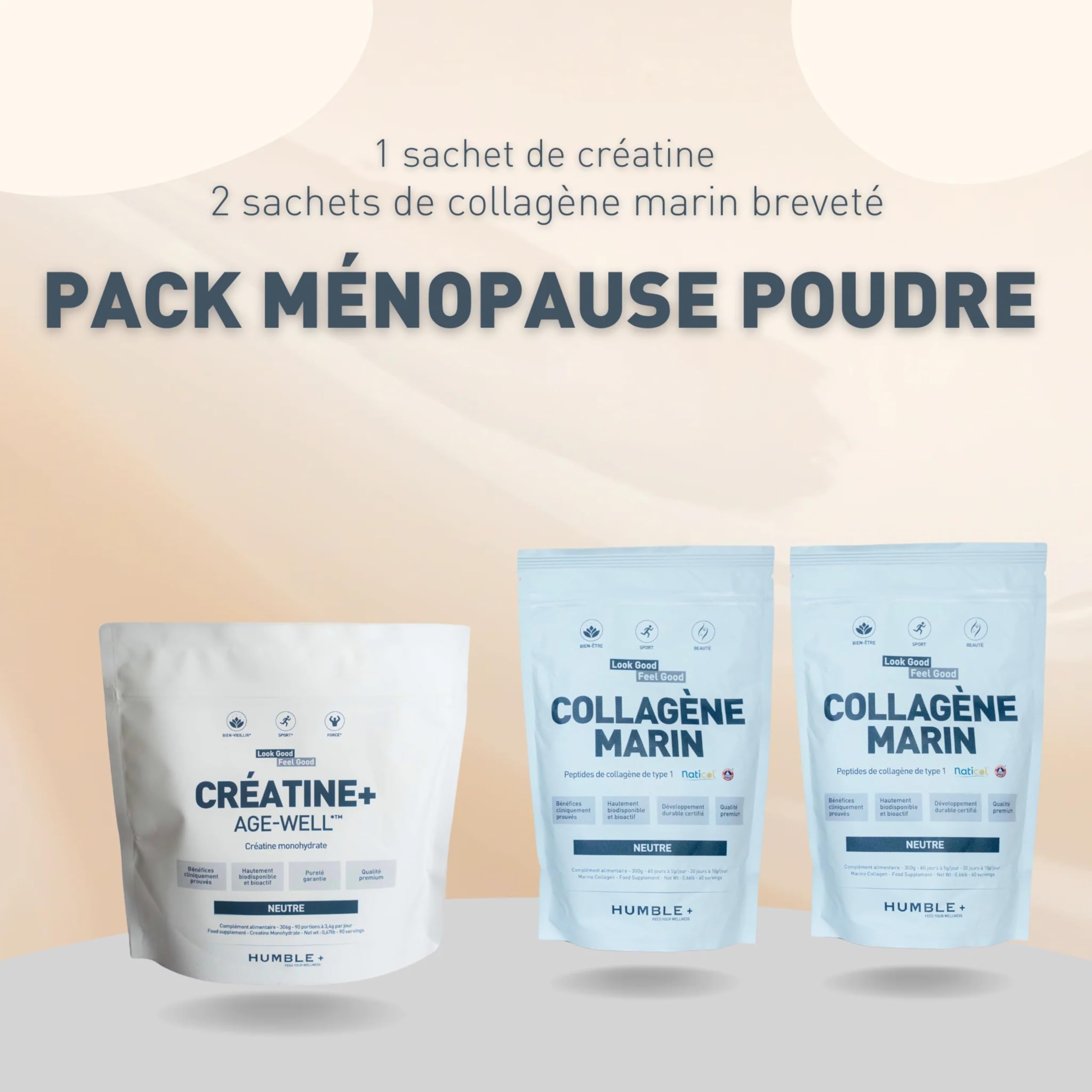 HUMBLE+ Pack Ménopause Poudre 3 Mois - Collagène Naticol + Créatine | Peptides Marins & Monohydrate à Diluer, pour les Femmes - Programme Trimestriel - Complément Alimentaire - Marque Française