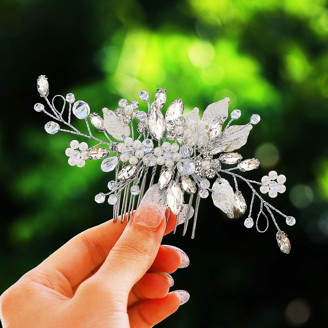 Gorais Leaf Bride Wedding Hair Comb Pearl Bridal Hair Piece Crystal Side Comb Hair Accessories for Women and Girls