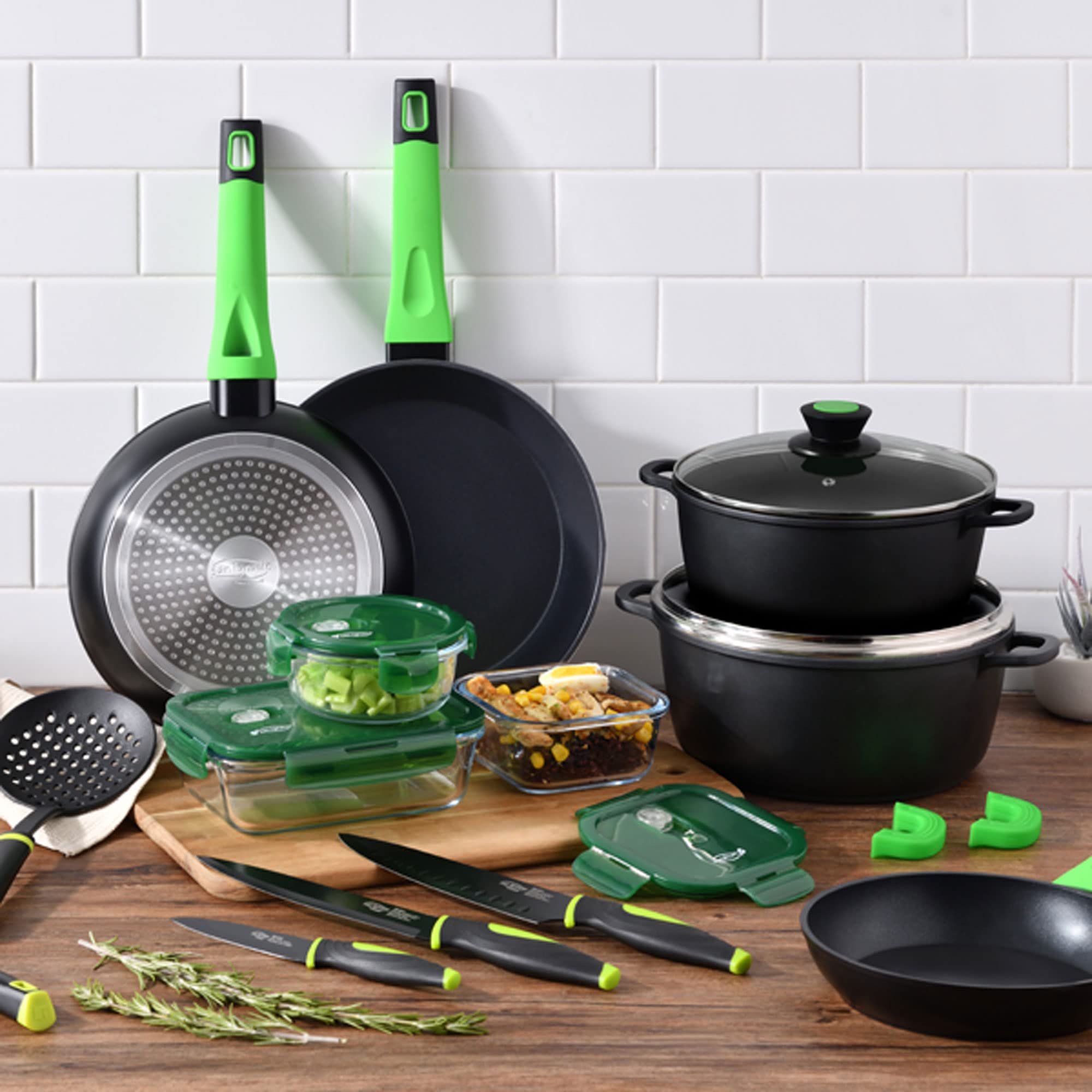 San Ignacio Batería de Cocina 8 Piezas Vitoria: 2 cacerolas con Sus Tapa de Vidrio, de Ø20x9 y Ø28x12,5 y Set de 4 sartenes de Ø20x4,5 Ø24x5 Ø26x4,5 y Ø28x5,4 cms, Aluminio Fundido
