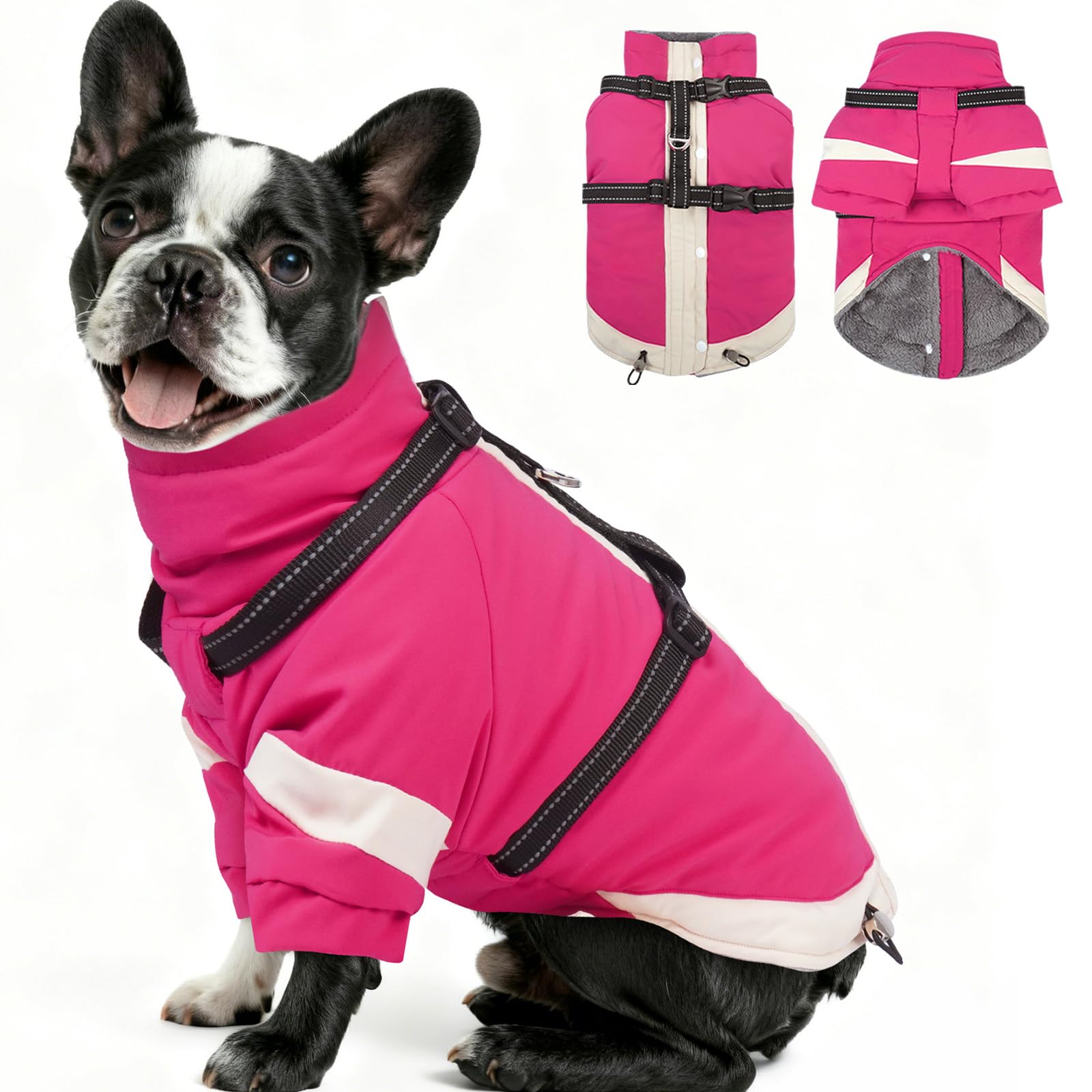 MIGOHI Waterproof Dog Coat with Harness,Winter Pet Jacket with Zipper,Red
